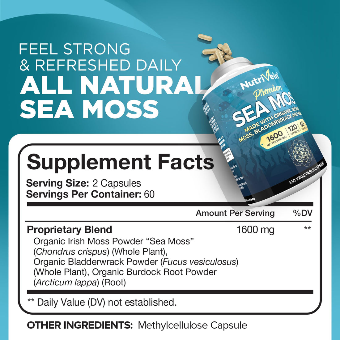 Nutrivein Organic Sea Moss 1600mg Plus Bladderwrack & Burdock - 120 Capsules - Prebiotic Super Food Boosts The Immune System & Digestive Health - Thyroid, Healthy Skin, Keto Detox, Gut, Joint Support