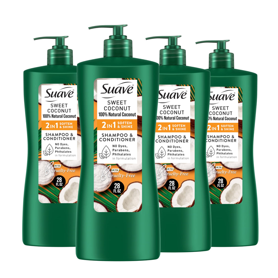 Suave Natural Sweet Coconut 2 In 1 Shampoo & Conditioner with 100% Natural Coconut, for Softening and Shining Hair, No Dyes, No Parabens, No Phthalates, 28 Oz (Pack of 4)
