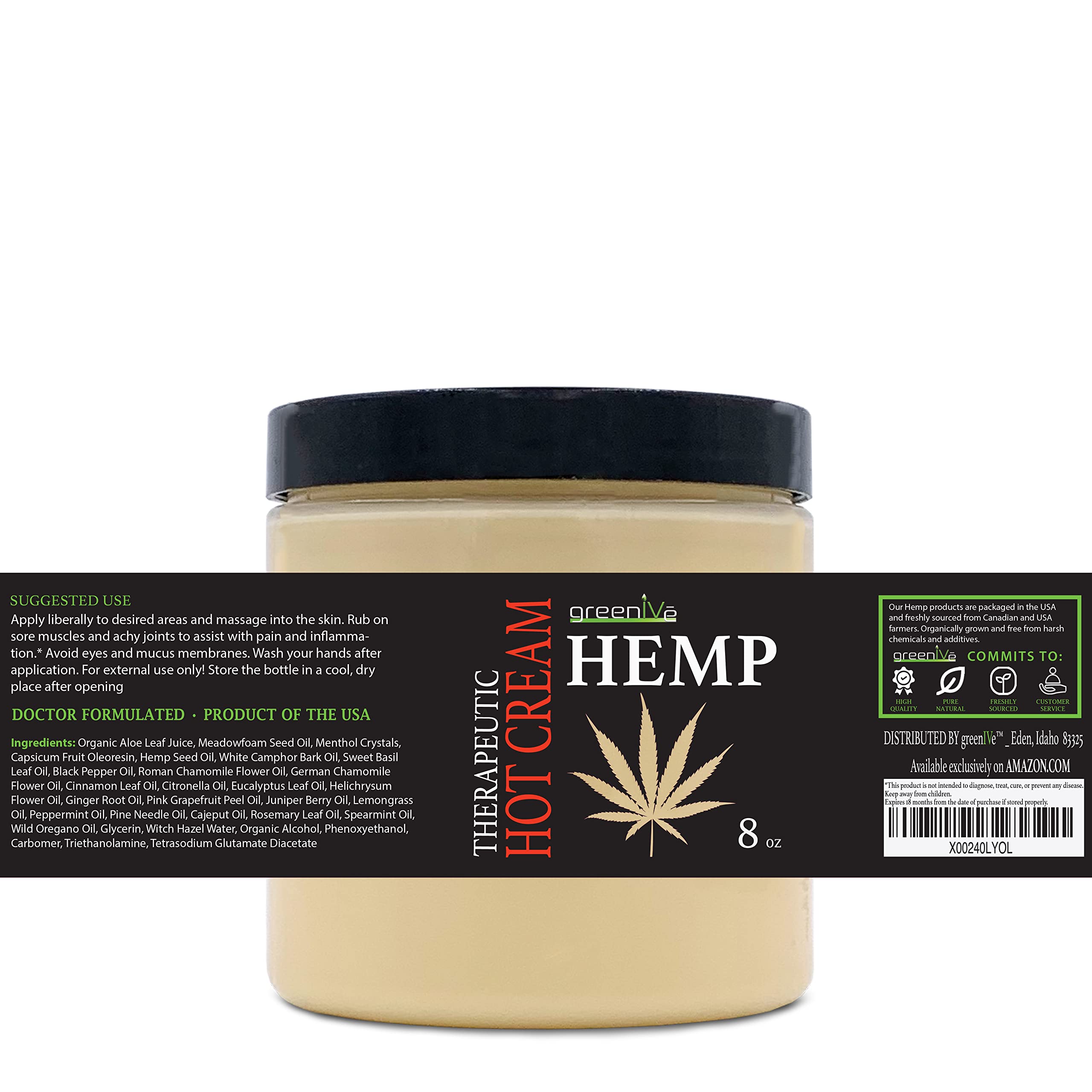 GreenIVe Hemp Hot Cream Soothing Moisturizing Hemp Hot Cream Exclusively on Amazon (8 oz Jar)