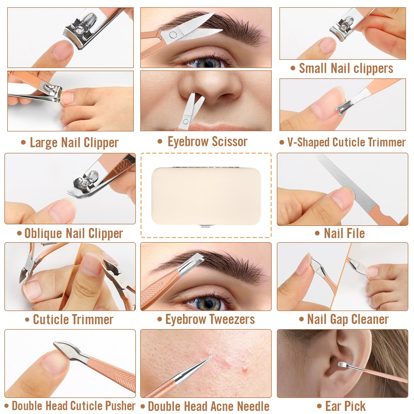 Nail Clippers Set Manicure Pedicure Kit - Manicure Set Women Professional Stainless Steel Pedicure Nail Clipper Tools + Aceoce Travel Luxury 12 In 1 With Grooming Travel Leather (Rose Glod)