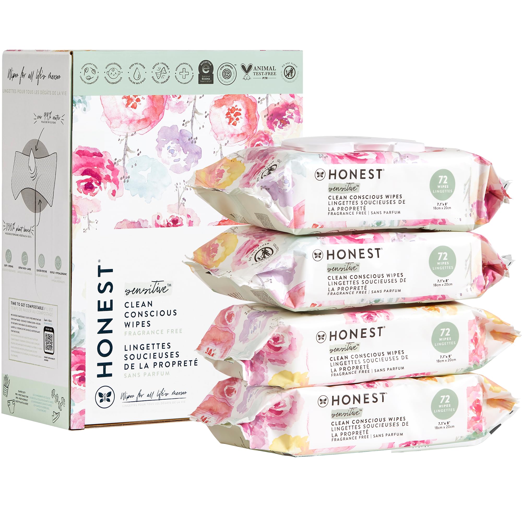 The Honest Company Clean Conscious Multi-Use Wipes | Hypoallergenic + Unscented for Sensitive Skin | Over 99% Water, Compostable, Plant Based, Baby Wipes | Rose Blossom, 288 Count
