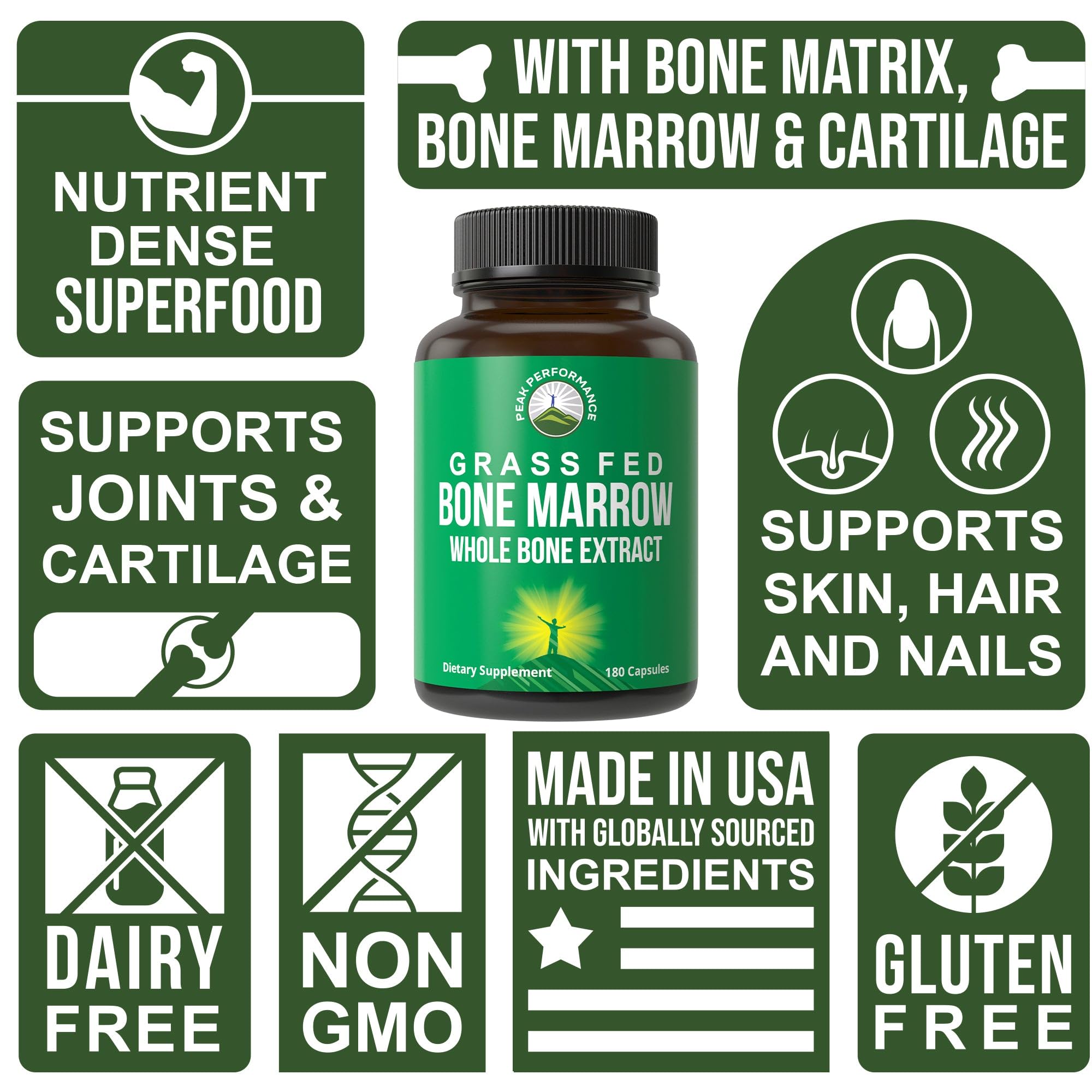 Peak Performance Grass Fed Bone Marrow - Whole Bone Extract Supplement 180 Capsules Superfood Pills Rich in Collagen, Vitamins, and Amino Acids. from Bone Matrix, Marrow, Cartilage. Ancestral Tablets