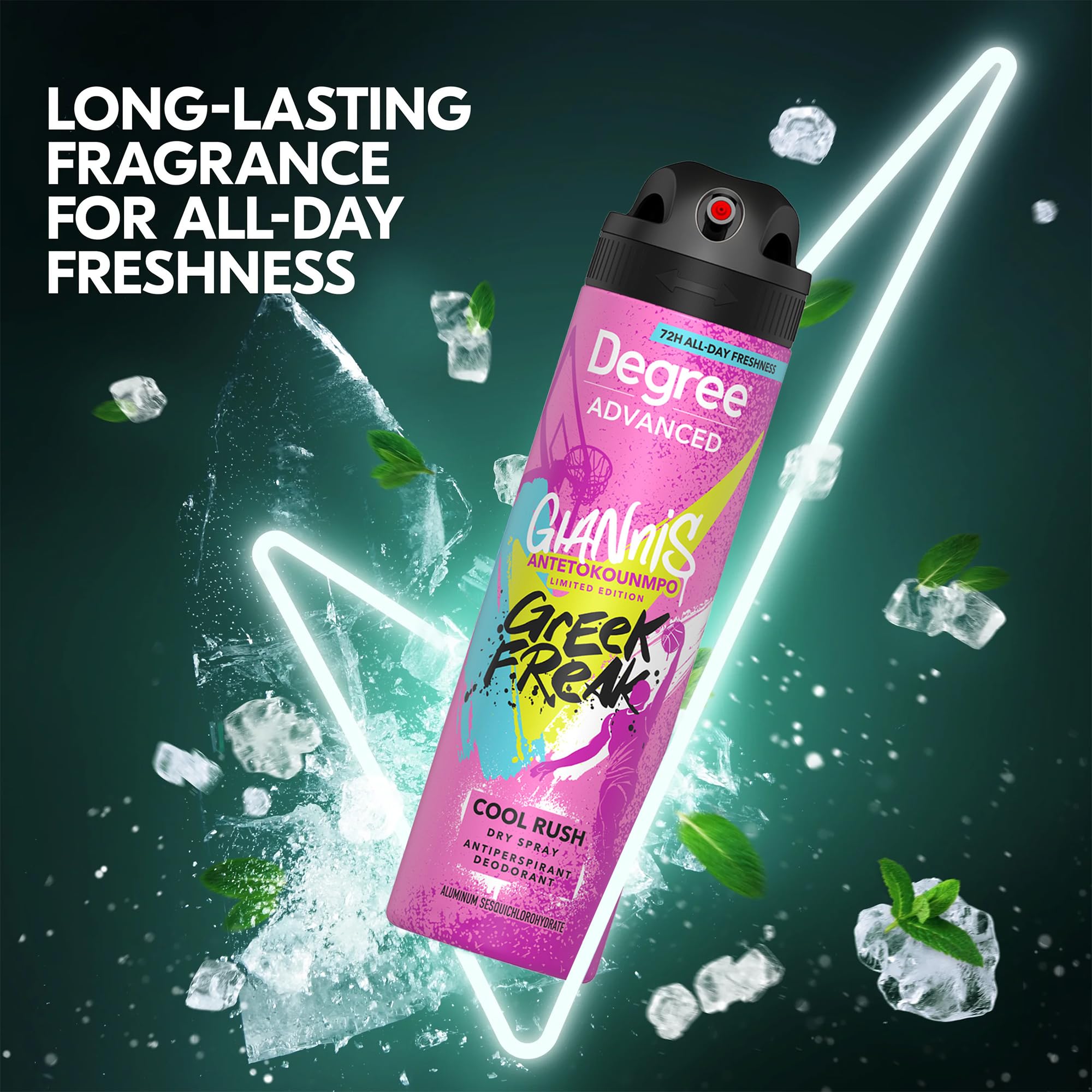 Degree Men’s Antiperspirant Deodorant Spray, Cool Rush, 4-Pack – Giannis Antetokounmpo “Greek Freak” Limited Edition, 72H Sweat & Odor Protection, 3.8 Oz Ea