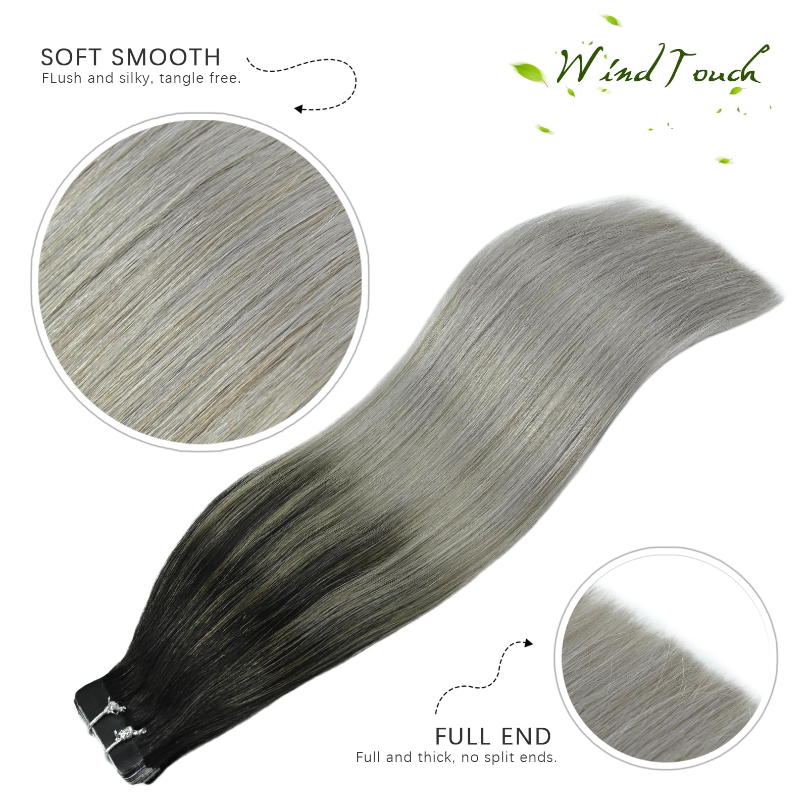 WindTouch Tape In Hair Extensions Human Hair Double Sided Tape Skin Weft Balayage Ombre Hair Natural Black Fading to Silver Ash Blonde Hair Extensions Remy Hair #1btGray 50g 16Inch 20PCS Thick