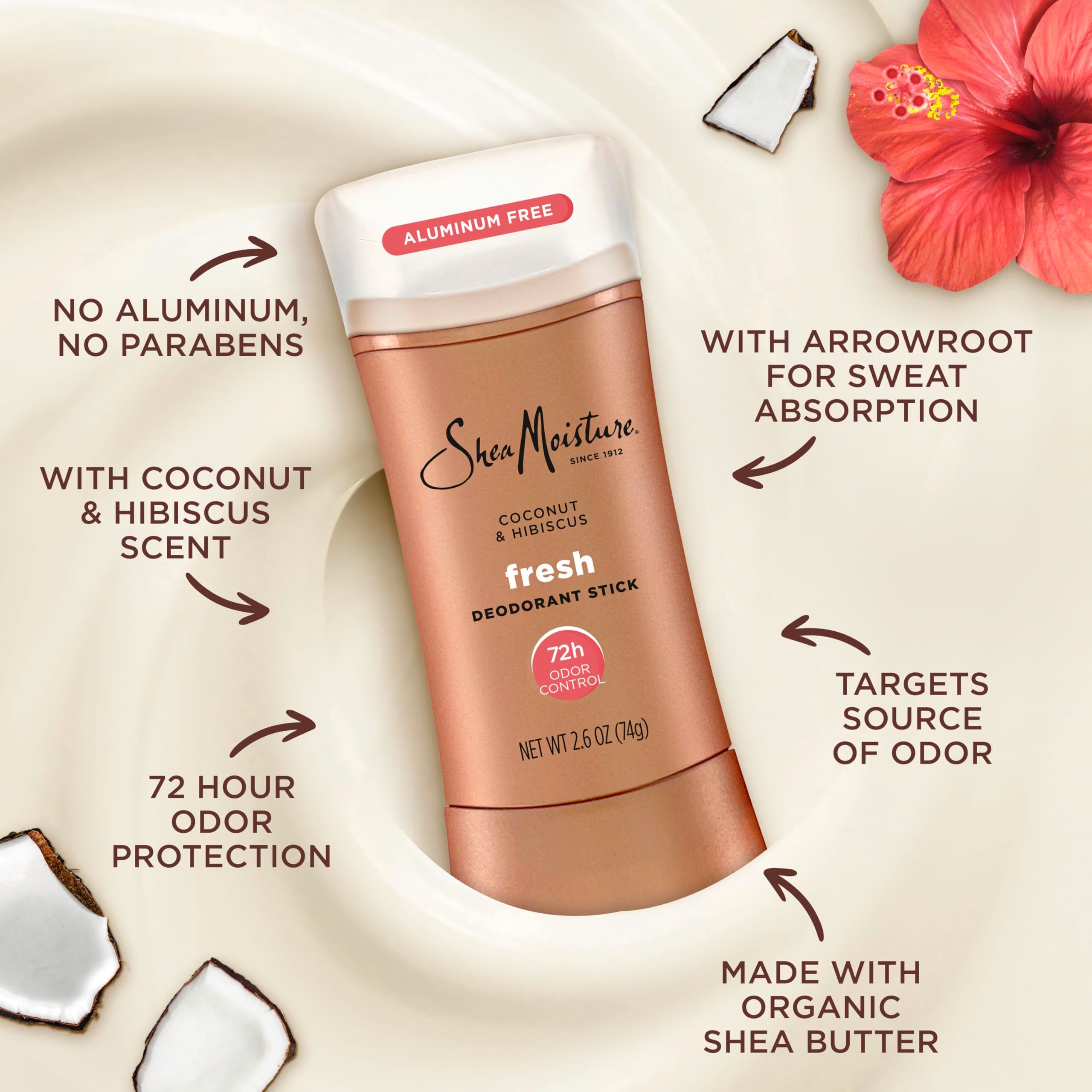 Shea Moisture Deodorant Stick 72h Odor Control Coconut & Hibiscus Fresh Aluminum Free 2.6 oz