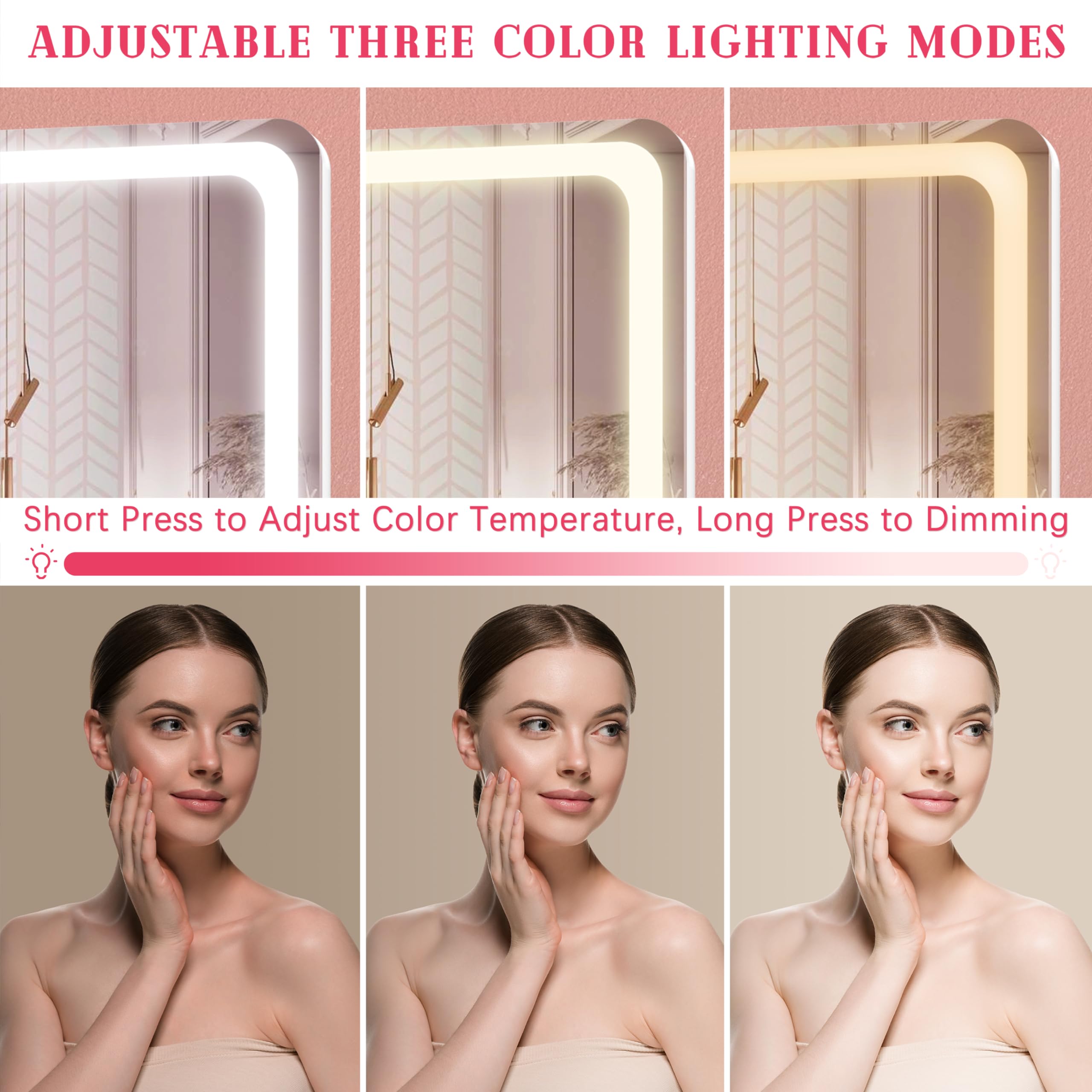 ROLOVE Vanity Mirror with Lights, 12.6×15 LED Makeup Mirror, Lighted Makeup Mirror with Lights, Smart Touch Control Dimmable 3 Modes Light, Lighted Up Mirror for Makeup Desk, Bedroom, Dressing Room