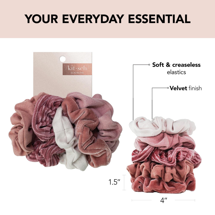 Kitsch Velvet Blush/Mauve: Velvet And Suede Hair Scrunchies For Women- 5 Pack Velvet & Suede Scrunchie For Ponytails, Braids And Buns (Pastel/Blush/Mauve)