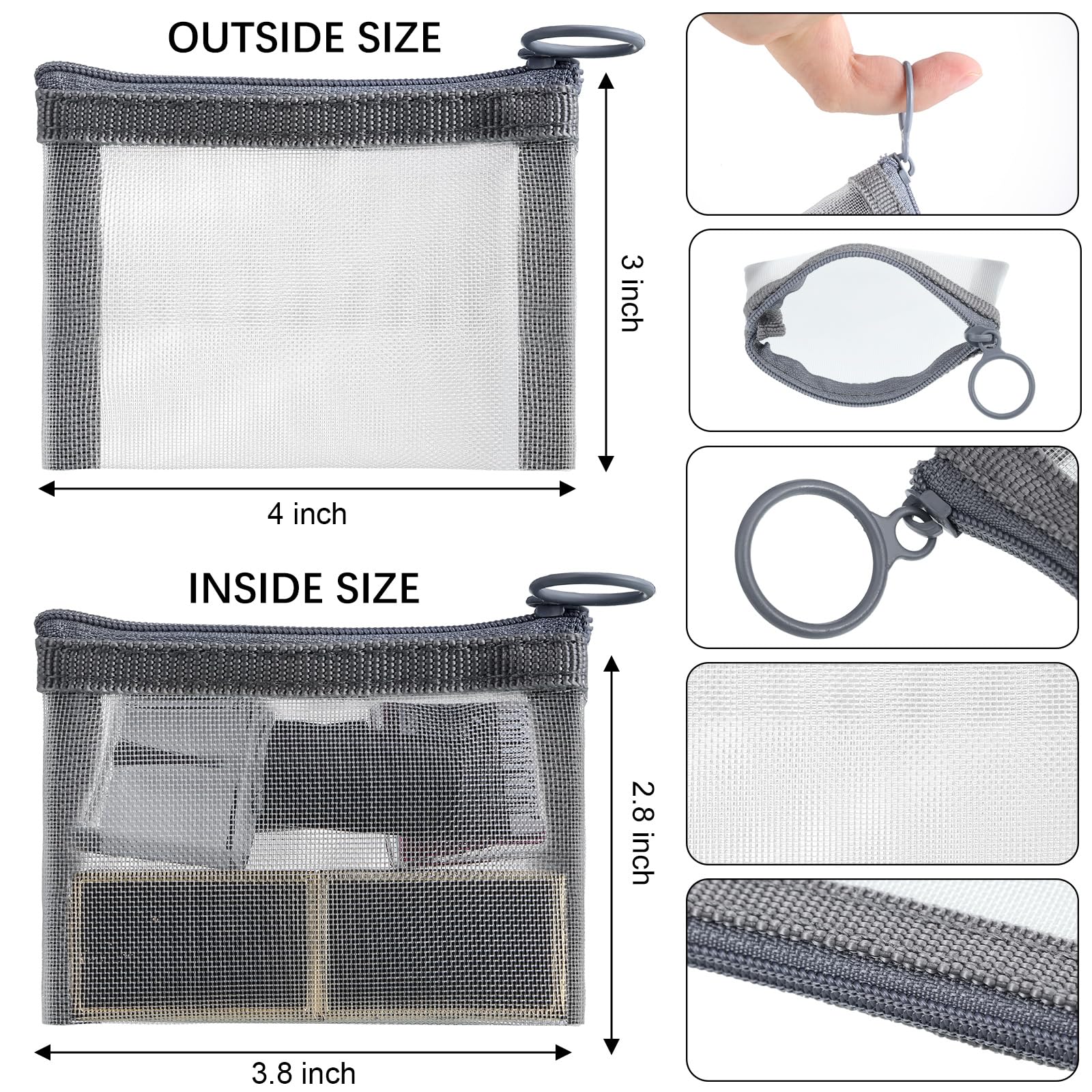 Frienda 10 Pcs Small Zipper Pouch Mini Mesh Zipper Cosmetic Bags Nylon Mesh Coin Purse Small Portable Cosmetic Case Mesh Storage Bags with Key Holder for women Travel Home (Grey,3 x 4 Inch)