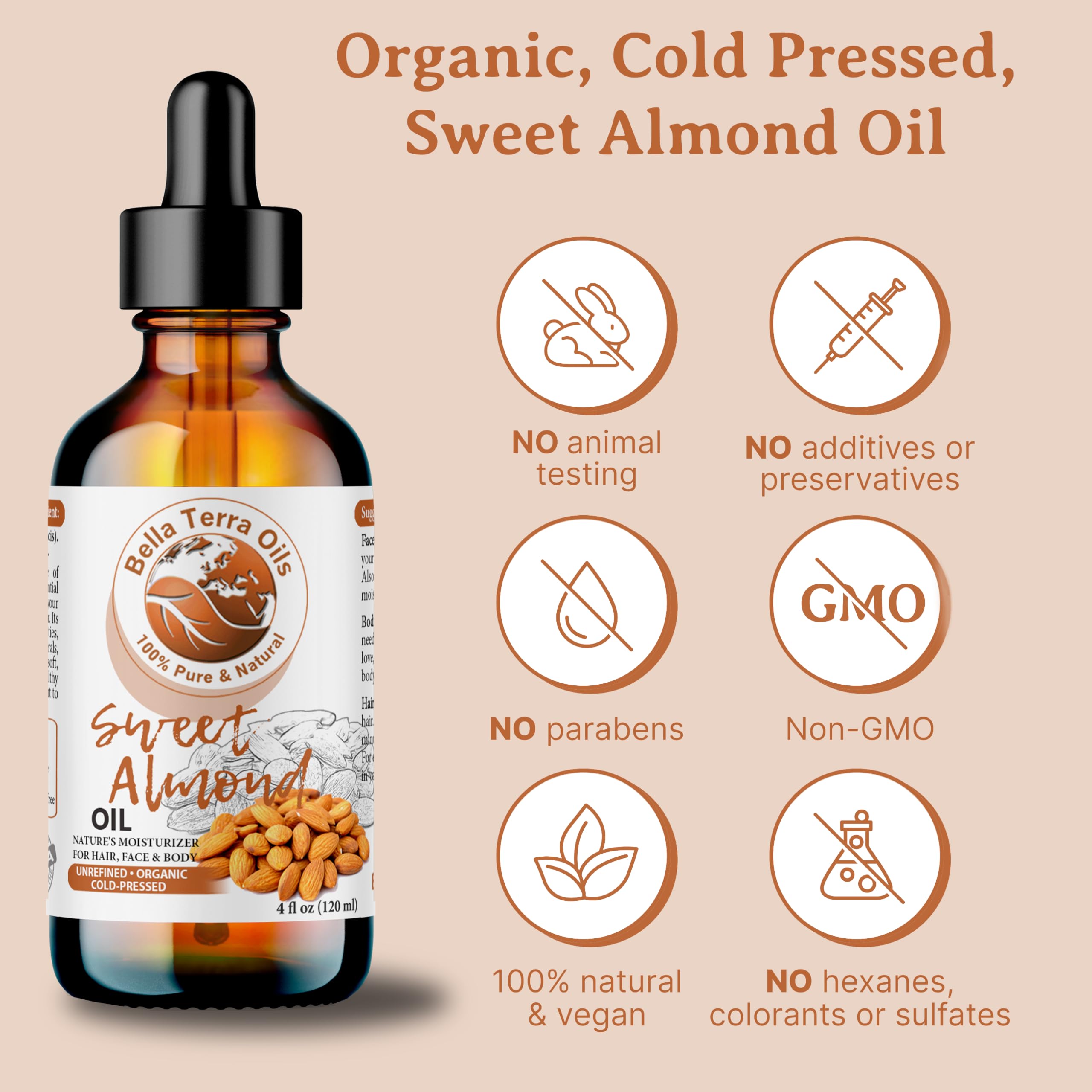 NEW Sweet Almond Oil. 4oz. Cold-pressed. Unrefined. Organic. 100% Pure. Pasteurized. Hexane-free. Fights Wrinkles. Softens Hair. Natural Moisturizer. For Hair, Face, Body, Nails, Beard, Stretch Marks.