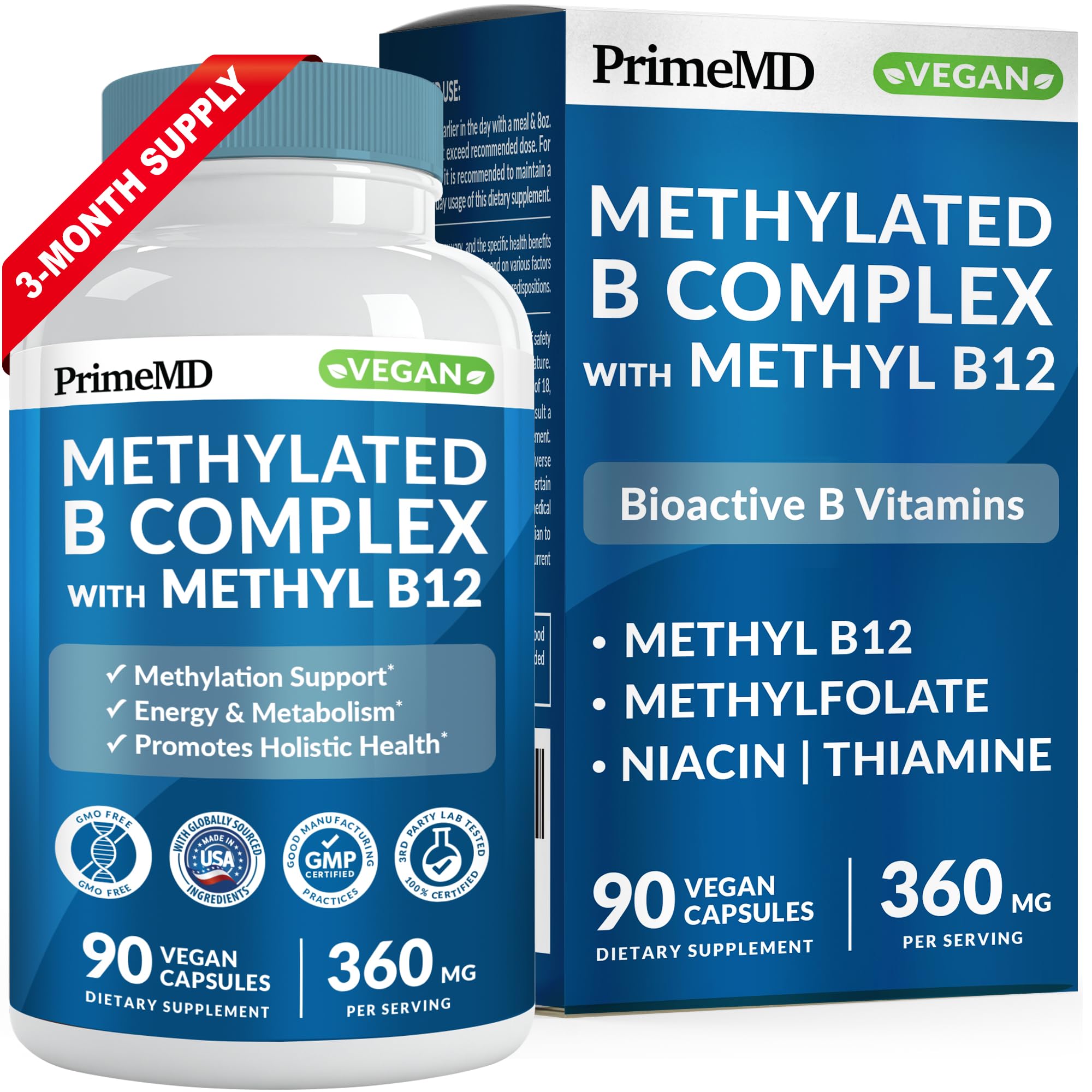 Methylated B Complex with Methylfolate and B12 Methylcobalamin 1000 mcg - Methylated Multivitamin for Energy, Brain Function, and Wellness - Vitamin B Complex for Men & Women (90 Servings) (Pack of 1)