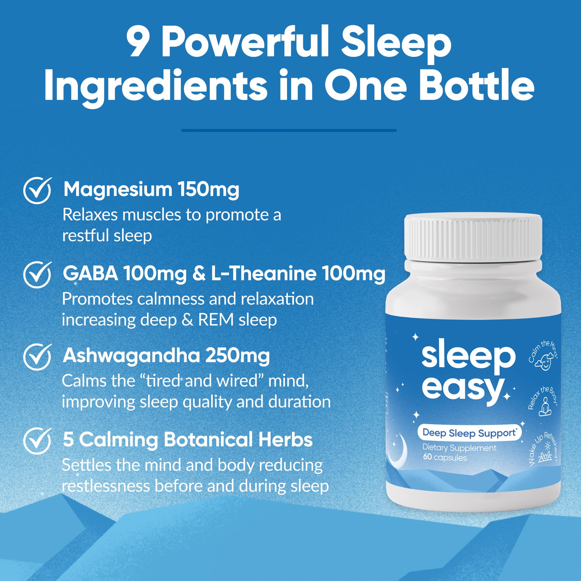 Sleep Easy Natural Sleep Aid Supplement | Magnesium, Ashwagandha, GABA, L-Theanine & 5 Calming Herbs | Melatonin-Free & Non-Habit Forming (60 Capsules)