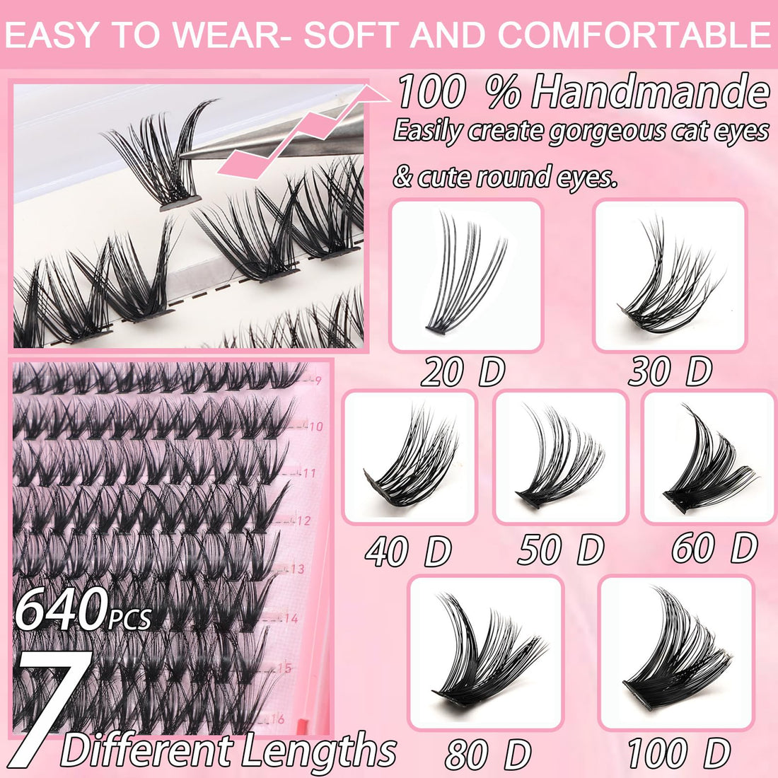 Lash Clusters, 640 Pcs Eyelashes Cluster Extensions 9-16mm Fluffy Individual Lashes 30D-60D D Curl False Eyelashes (30D~60D 9-16 mm)