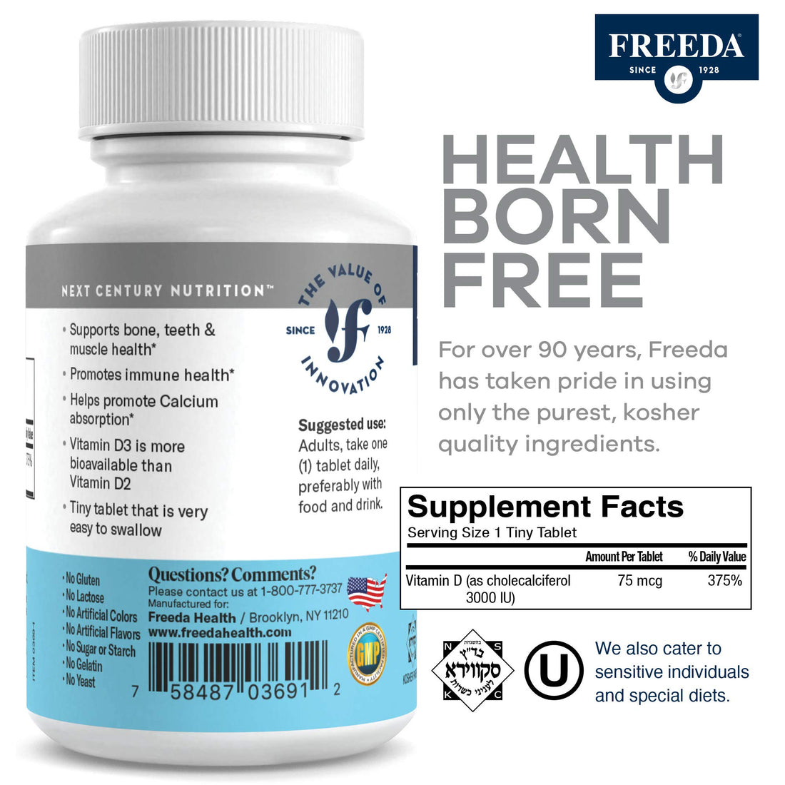 FREEDA Vitamin D3-3000 IU - Pure High Potency Kosher Supplement Tablets - Bone and Muscle Health, Calcium Absorption, Immune Support for Men and Women* - 250 Count