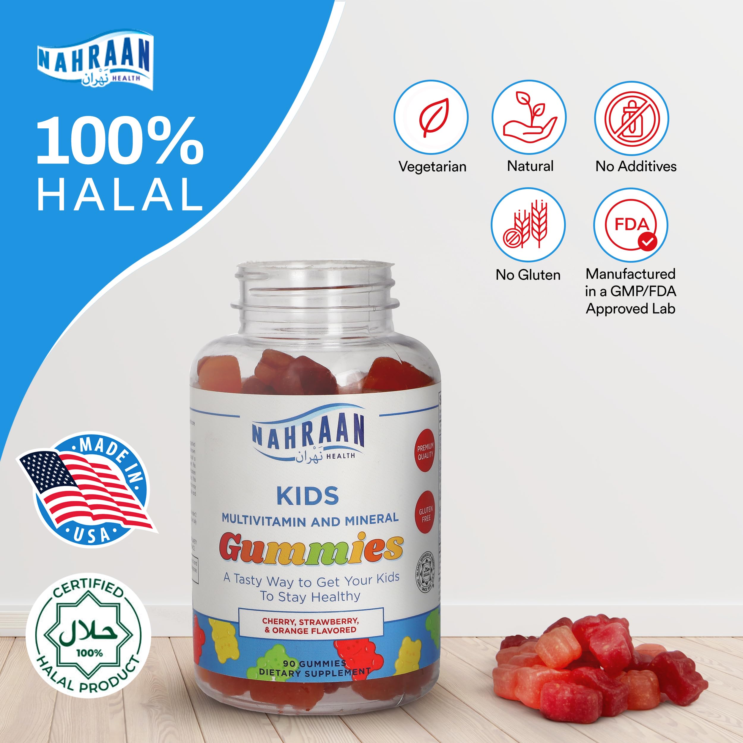 NAHRAAN HEALTH Halal Vitamins for Kids - Halal Multivitamins for Kids Vitamin A, C, D, E, B6, B12 - Non-GMO Vegetarian, Halal Gummies - 90 Count