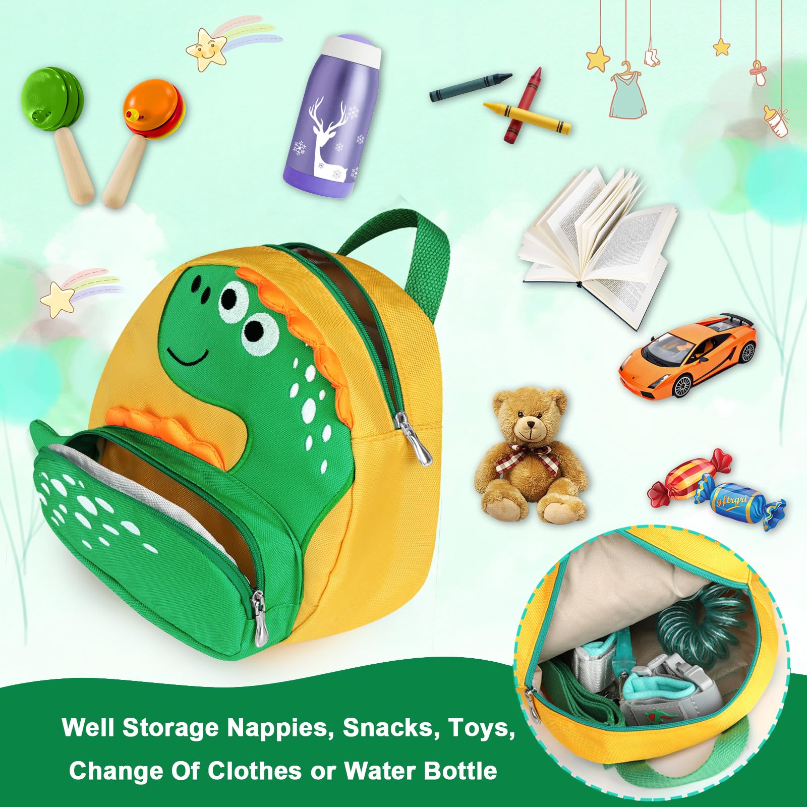 Accmor Toddler Harness Backpack with Leash, Cute Kid Dinosaur Backpacks with Anti Lost Wrist Link, 4 in 1 Mini Child Harness Leash Walking Wristband Rope Baby Protection Belt for Boys Girls (Yellow)