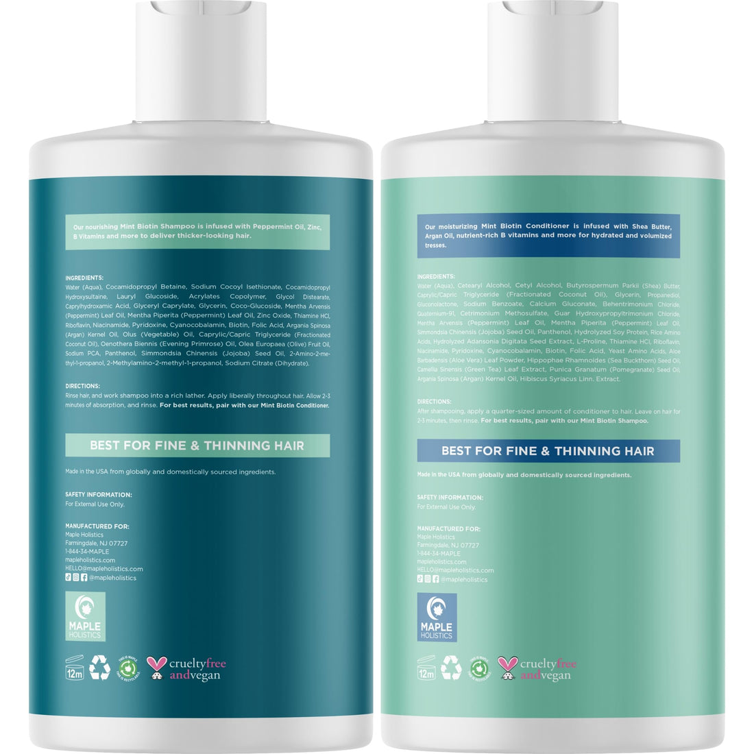 Volumizing Biotin Shampoo and Conditioner Set - Sulfate Free Shampoo and Conditioner for Dry Damaged Hair Care - Thinning Hair Shampoo and Conditioner with Nourishing Biotin and Argan Oil (Mint)