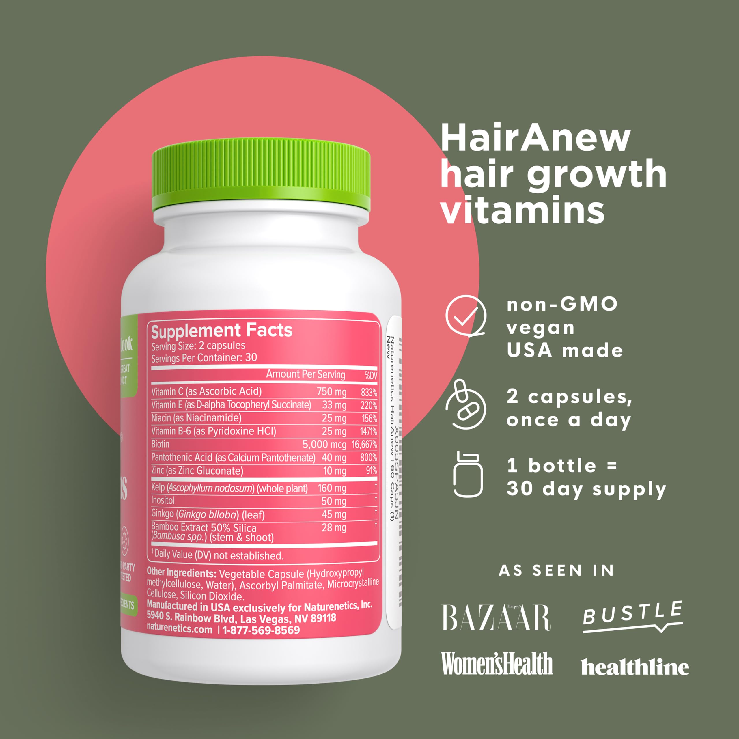 Naturenetics HairAnew Hair Growth Vitamins for Women & Men - Hair Vitamins For Faster Hair Growth & Thickness - Part of Proceeds go to Hair Loss Charity - Vegan Hair Supplement For Hair Skin Nails (1)
