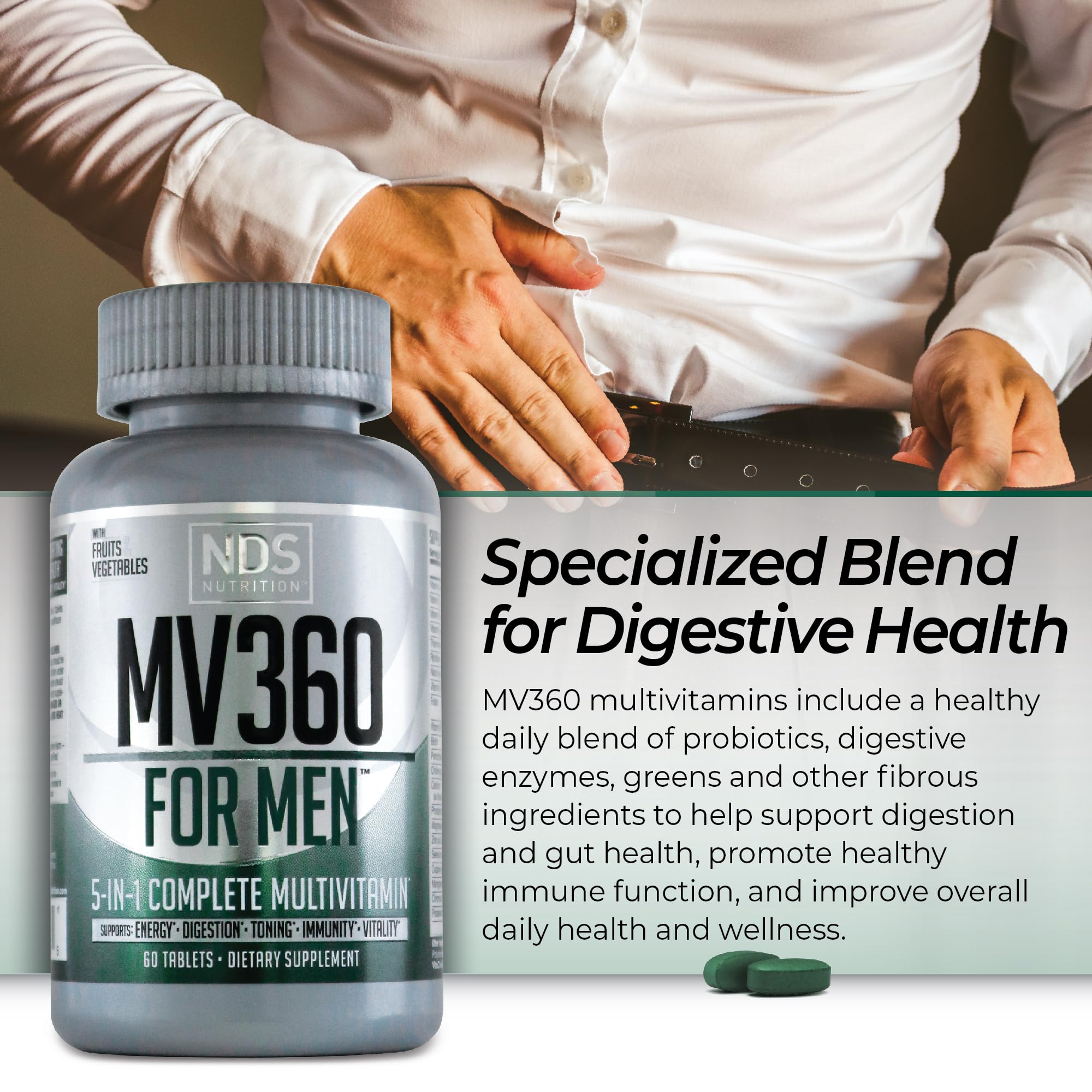 NDS Nutrition MV360 For Men, 5-in-1 Complete Multivitamin for Men with Essential Mens Vitamins for Energy, Digestion, Toning, Immune Support, and Mens Health & Vitality, 60 Tablets, 30 Servings