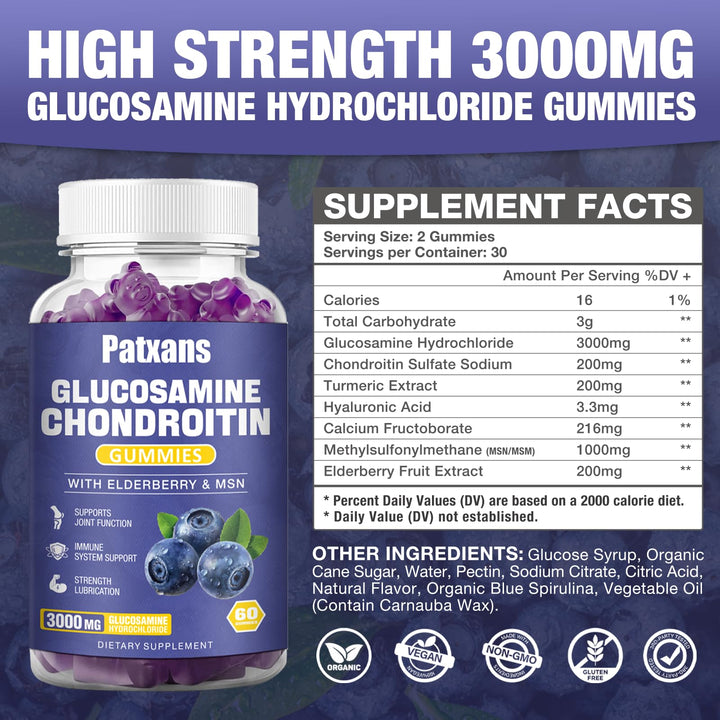 Patxans 2 Packs 3000MG Glucosamine Chondroitin Gummies - Extra Strength Joint Health & MSM Elderberry Natural Joint Support Supplement, Flexibility, Antioxidant Immune Support for Adults, 120 Gummies.