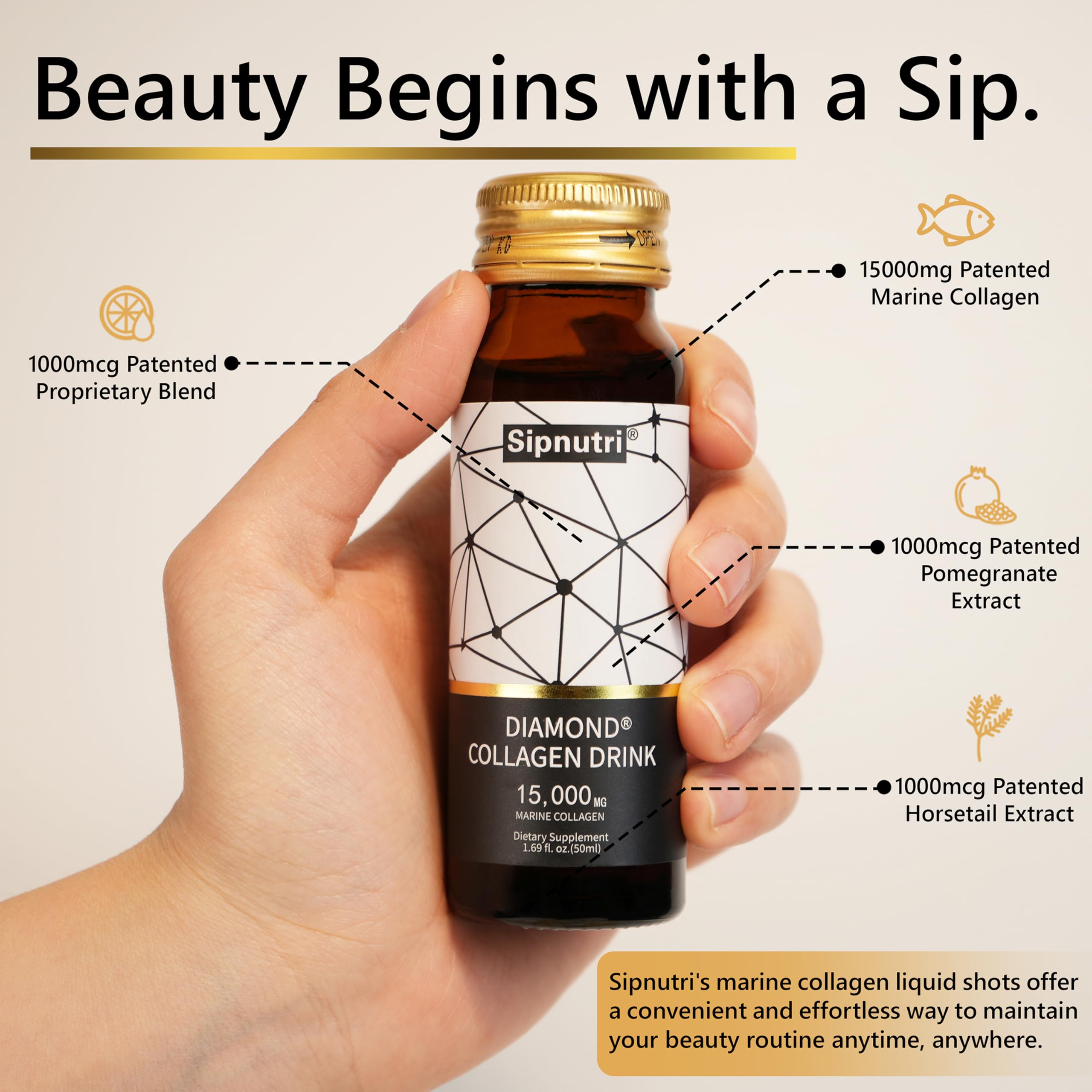 Sipnutri Diamond Liquid Collagen Drink, 15000 mg Hydrolyzed Marine Collagen Peptides with Vitamin C, Pomegranate, Healthy Hair Skin Nails Joints Bones Support, 50 ml x 10 Bottles (3 Boxes)