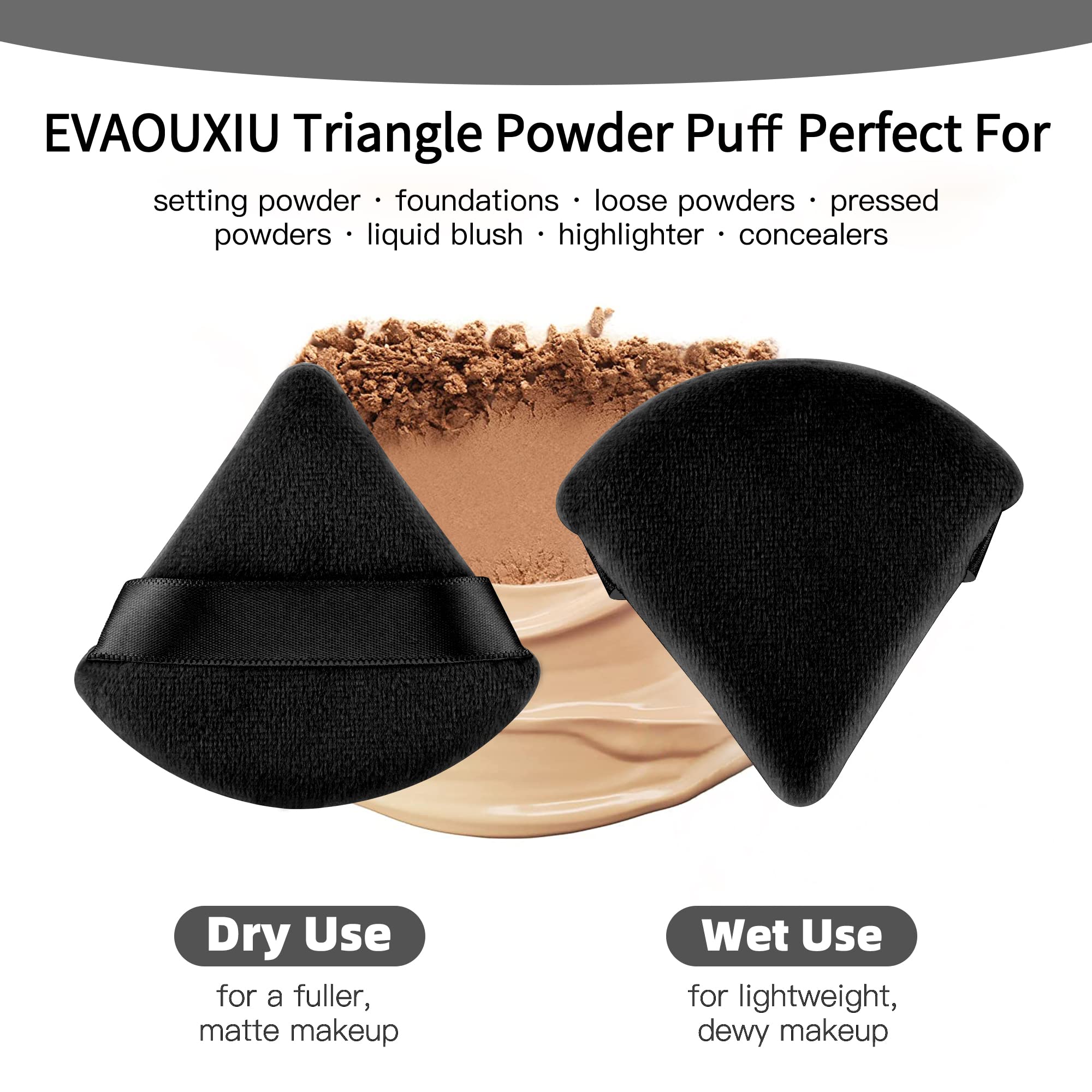 2 Pcs EVAOUXIU Triangle Powder Puff for Face Powder, Soft Plush Setting Powder Puff, Velour Cosmetic Foundation Blender Sponge Beauty Makeup Tools (Black)