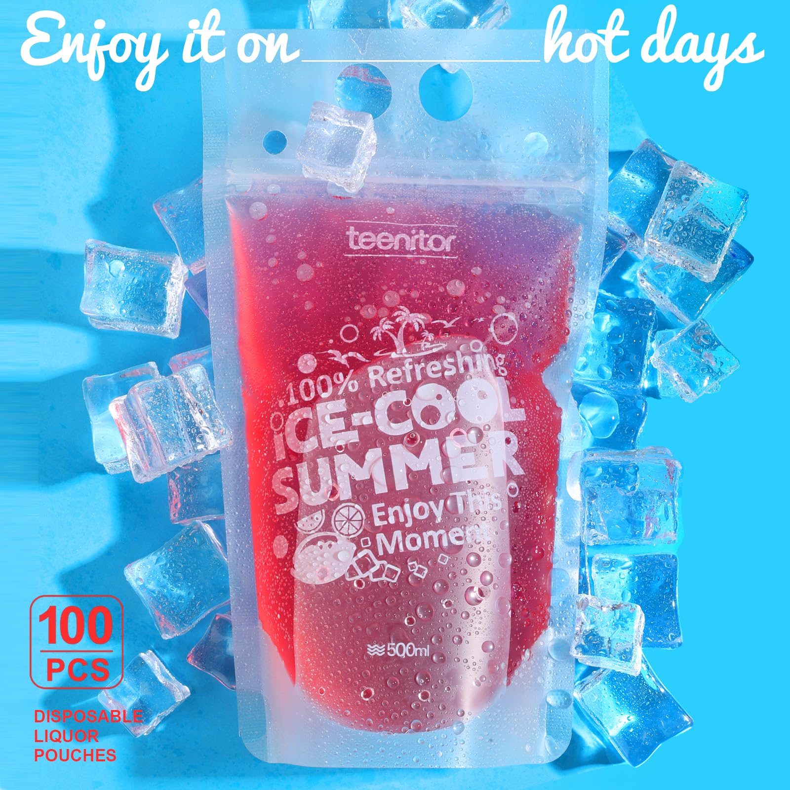 Teenitor 100Pcs Drink Pouches, Drink Pouches for Adults Alcohol, Drink Pouches with Straw Juice Pouches 100Pcs Straws, Liquor Bags Drink Bags For Smoothies Juices Stand Up Liquid Pouches 16oz