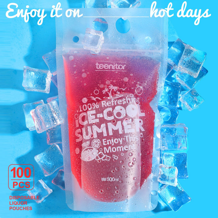 Teenitor 100Pcs Drink Pouches, Drink Pouches for Adults Alcohol, Drink Pouches with Straw Juice Pouches 100Pcs Straws, Liquor Bags Drink Bags For Smoothies Juices Stand Up Liquid Pouches 16oz