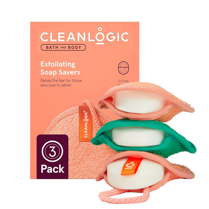 Cleanlogic Bath & Body Exfoliating Soap Saver, Exfoliator Scrubber Pouch, Daily Skincare Routine for Smooth Clean Skin, Assorted Colors, 3 Count Value Pack