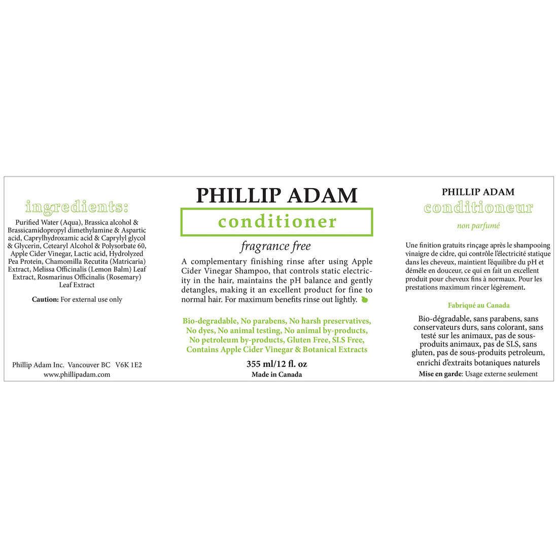 Phillip Adam Fragrance Free Shampoo and Conditioner Set with Apple Cider Vinegar - pH Balancing - Enhance Shine and Smoothness- 12 Ounce Each