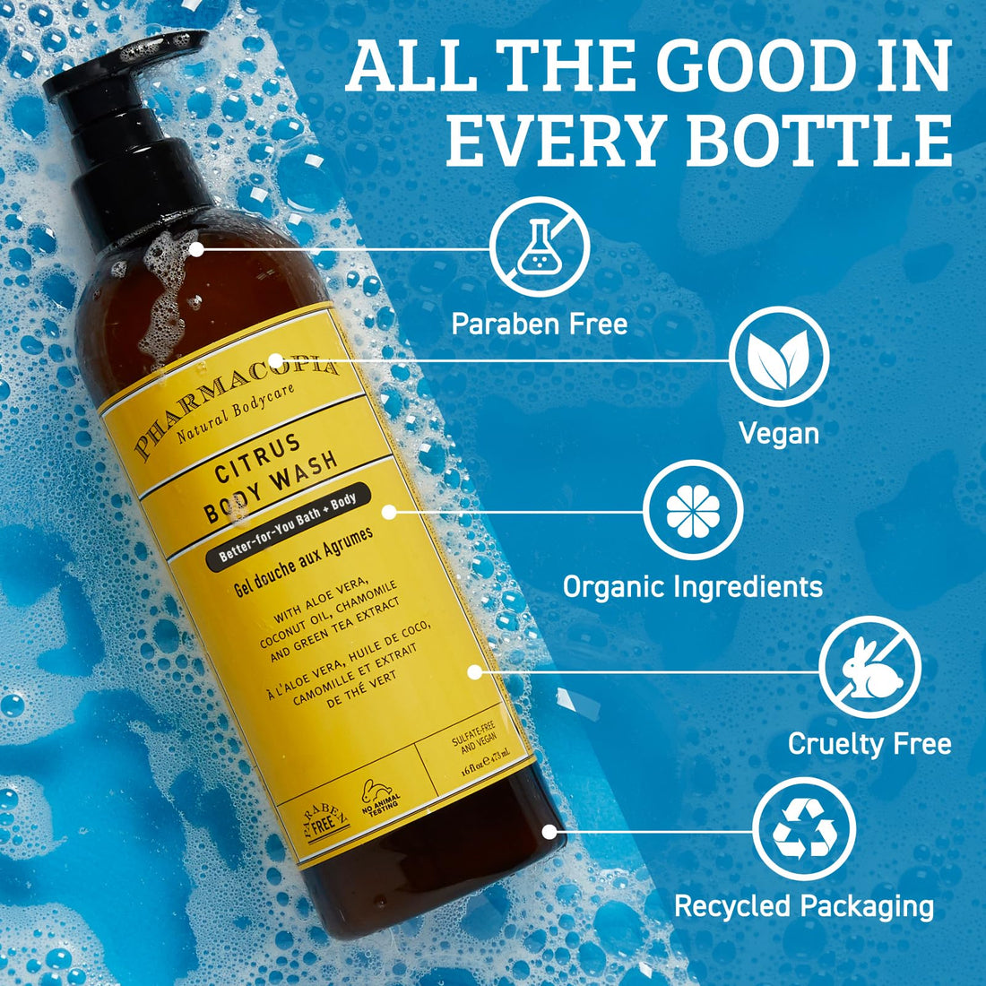 Pharmacopia Citrus Body Wash - Natural Shower Gel, Moisturizing and Nourishing Body Cleanser - Infused with Organic Aloe Vera, Coconut Oil, and Green Tea Extract - Vegan and Cruelty-Free, 16 oz