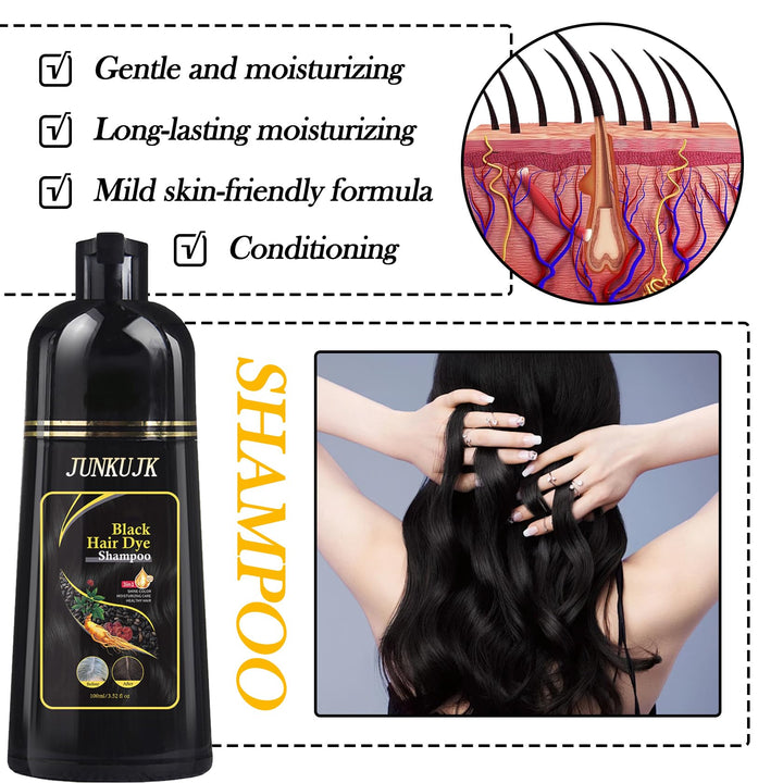 JunKuJK Black Hair Dye shampoo 3 in 1, Black Hair Shampoo for Gray Hair Coverage,Instant Hair Color Shampoo for Women & Men