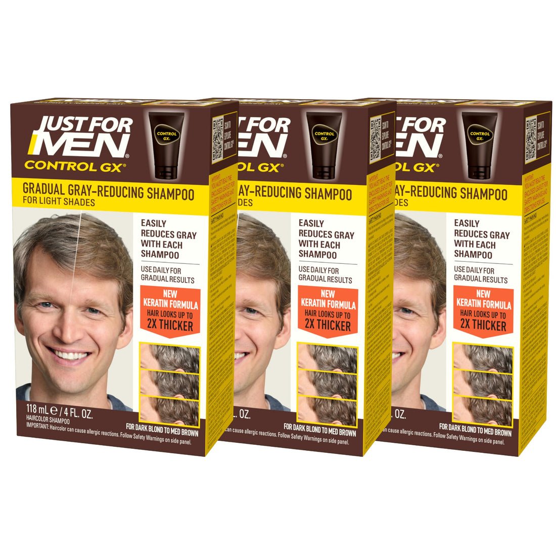 Just for Men Control GX Grey Reducing Shampoo for Lighter Shades of Hair, Blonde to Medium Brown, Gradual Hair Color, 4 Fl Oz - Pack of 3 (Packaging May Vary)