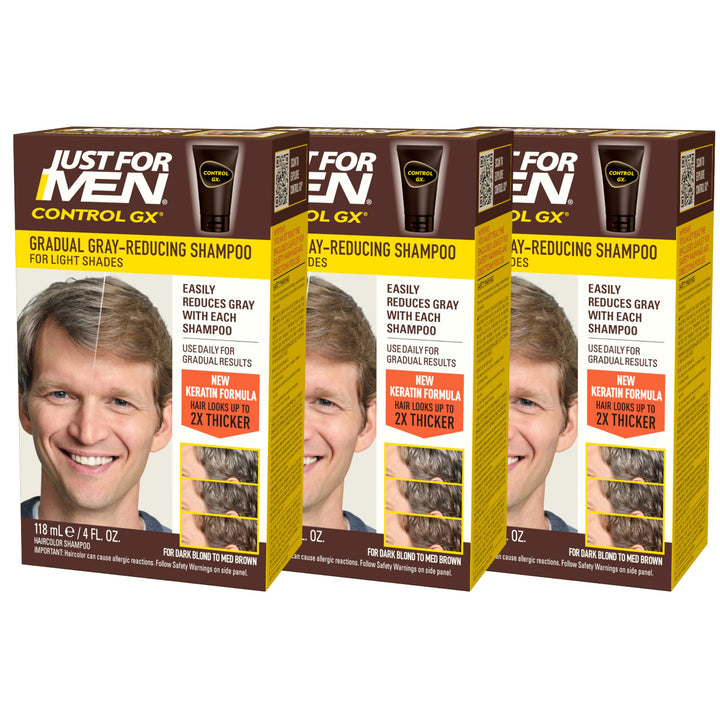Just for Men Control GX Grey Reducing Shampoo for Lighter Shades of Hair, Blonde to Medium Brown, Gradual Hair Color, 4 Fl Oz - Pack of 3 (Packaging May Vary)