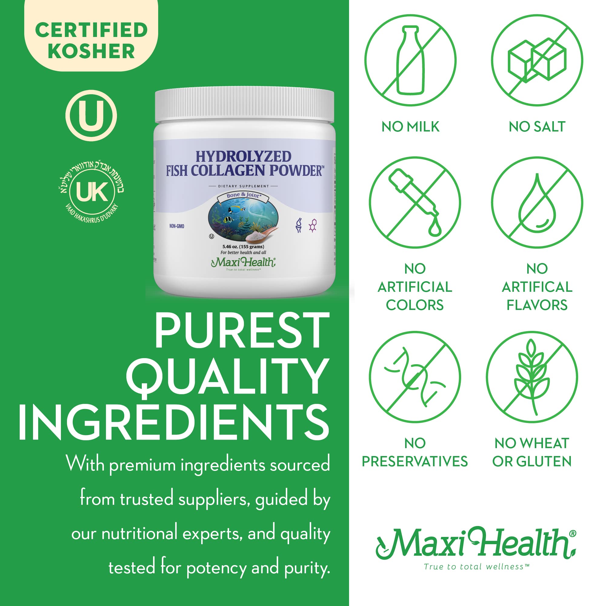 Marine Collagen Powder Unflavored - Type I Vital Wild Caught Kosher Collagen Protein Powder for Women & Men - Zero Taste - Easy to Mix, Fast to Dissolve Hydrolyzed Fish Collagen Powder - 5.46 oz