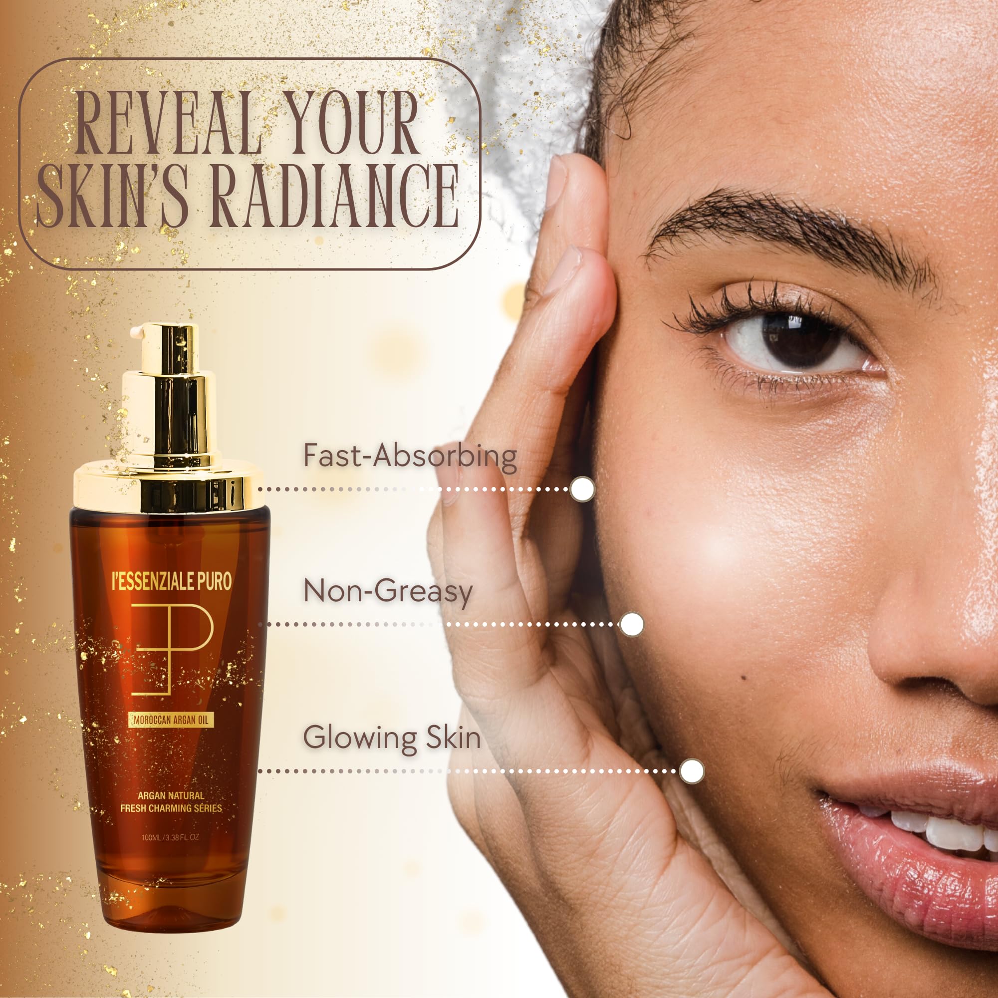 L'Essenziale Puro Premium Moroccan Argan Oil - Hydrating Moroccan Hair Oil & Body Oil For Women & Men - Adds Shine, Controls Frizz, & Moisturizes - Luxury Beauty Elixir From Dubai (100ml, 3.38 Fl Oz)