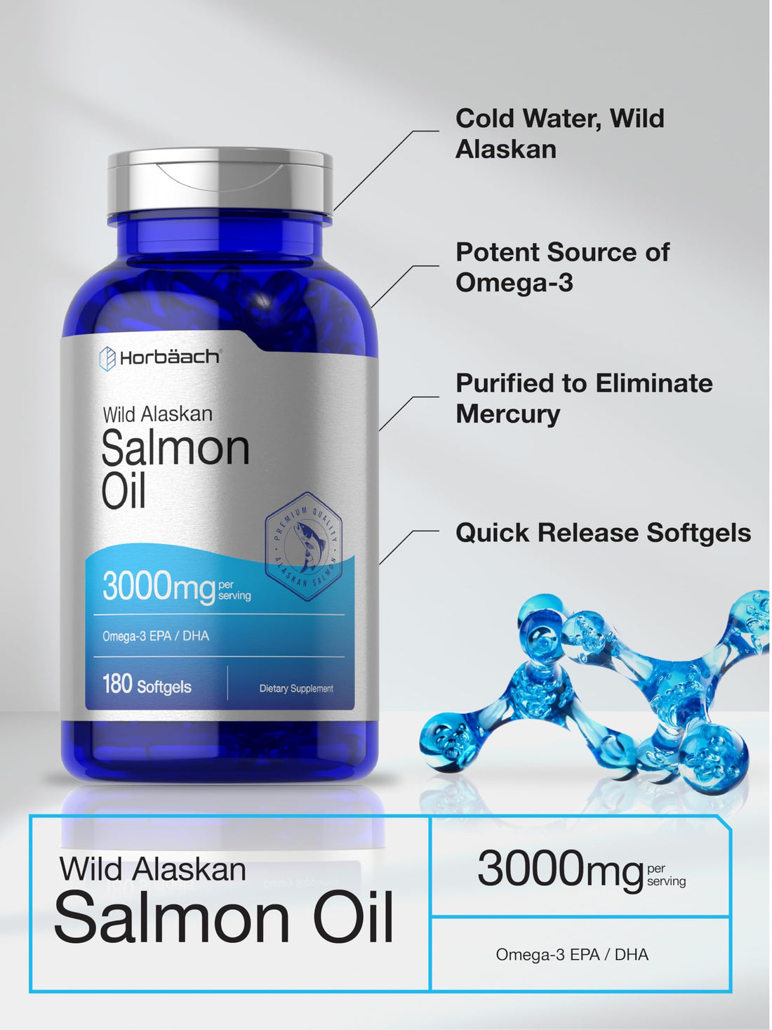 Horbäach Wild Alaskan Salmon Fish Oil | 180 Softgel Capsules | Gluten Free, Non-GMO | High Potency | Excellent Source of Omega-3 Fatty Acids EPA and DHA