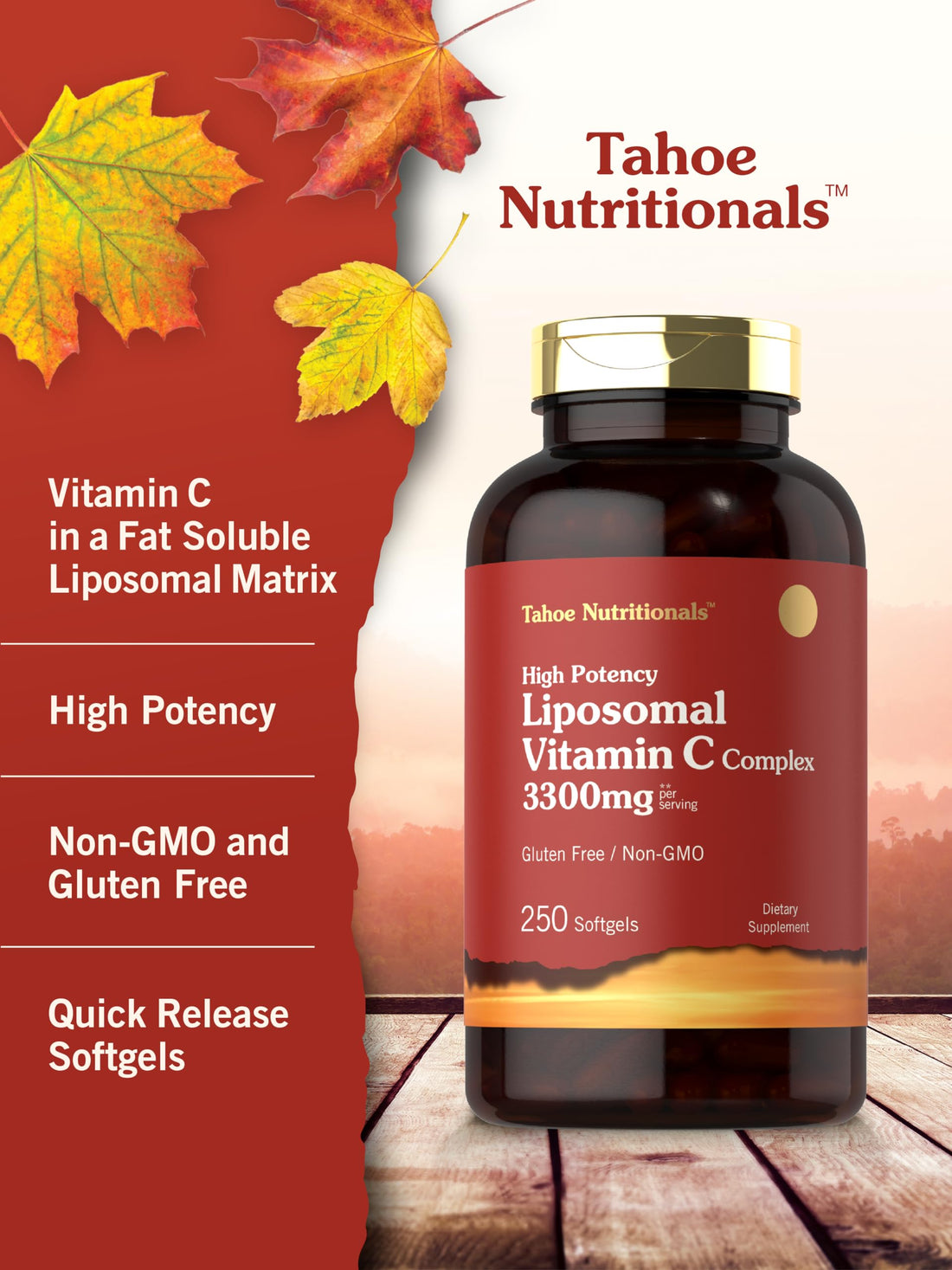 Tahoe Nutritionals Liposomal Vitamin C Complex | 3300mg | 250 Softgels | High Potency | Non-GMO, Gluten Free Supplement