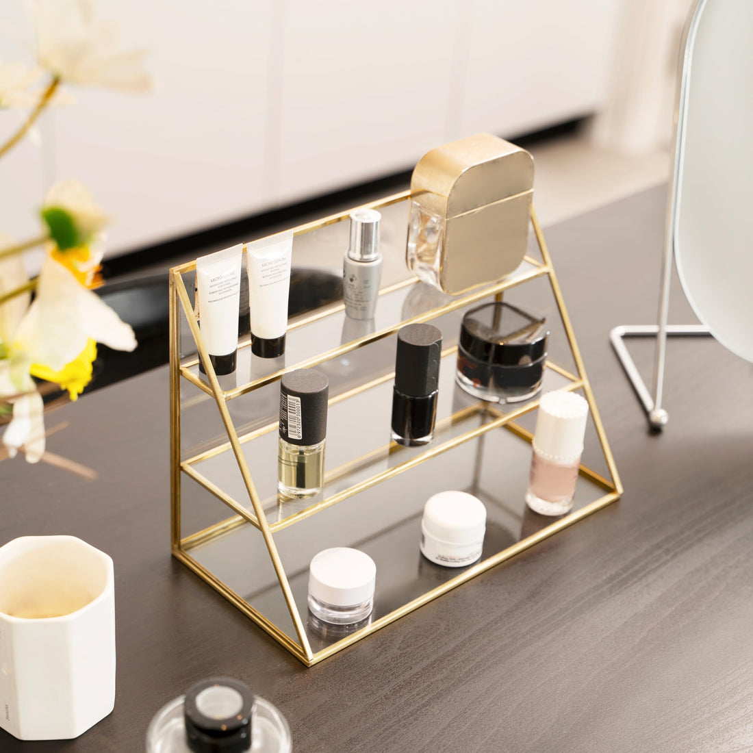 FSyueyun Gold Makeup Organizer Case Vanity, 3 Layers Glass Makeup Storage Cosmetics Organizer Earring Ring Holder Display Case