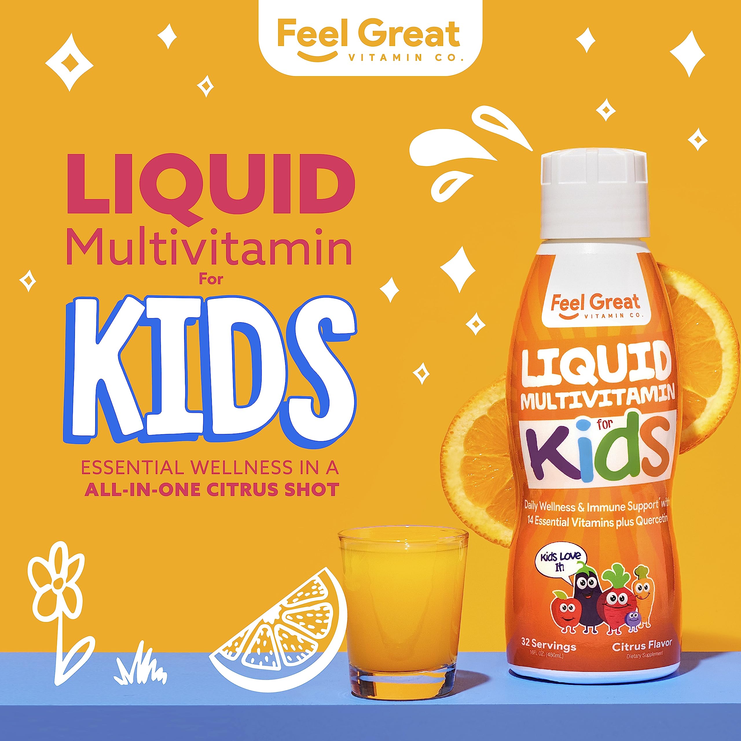 Feel Great Liquid Multivitamin for Kids | Orange Flavored Vegetarian & Sugar Free Kids Liquid Vitamin | Essential Kids Vitamins & Immune Support for Kids | 30 Day Supply