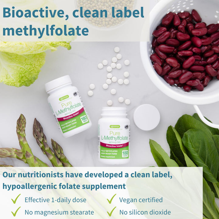 Igennus Pure Folate 400mcg, Clean Label, Optimized Methylfolate 667 mcg DFE, MTHFR Supplement for Women & Men, 180 Small Tablets, Lab Verified, Vegan & Hypoallergenic