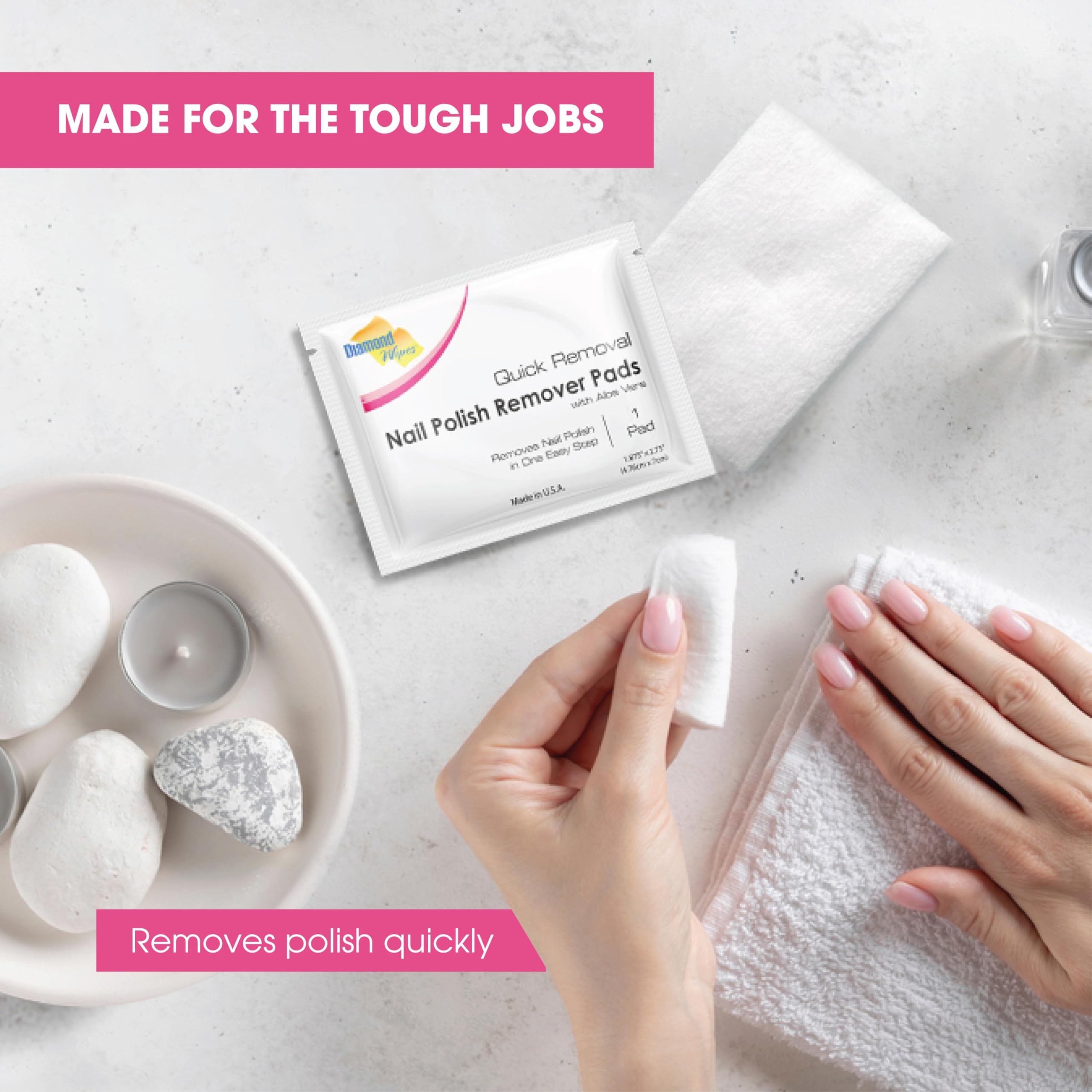 Diamond Wipes Nail Polish Remover Pads, Individually sealed packet, pre-soaked extra thick pad for travel - Pack of 50