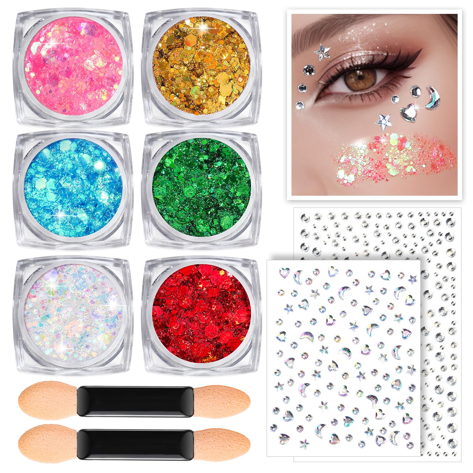 Teenitor Body Glitter Face Glitter Hair Glitter Gel, 6 Colors Body Glitter for Women, Self Adhesive Face Gems Face Rhinestones for Festivals Concerts Rave Glitter