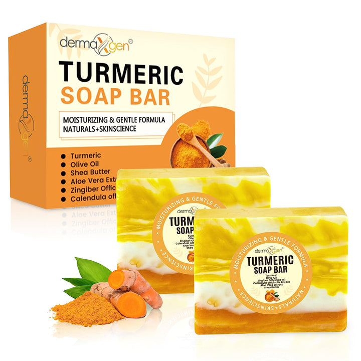DERMAXGEN Organic Turmeric Soap Bar | Pure Natural Handcrafted Skincare, Face & Body Cleanser | Blemish Control, Reduce Acne, Evens Tone, Fades Scars, Sun Damage, Age Spots (Pack of 2)