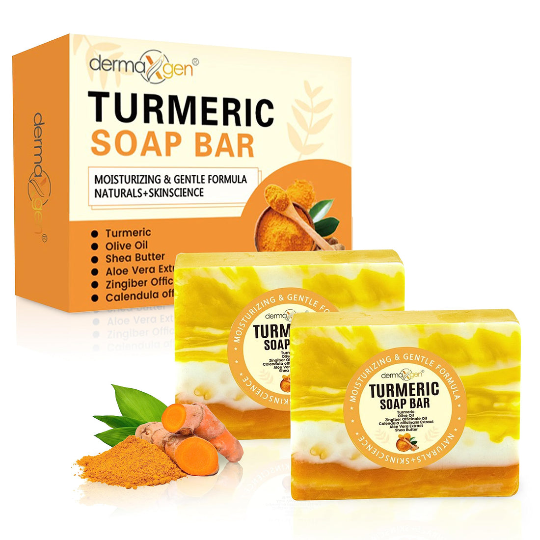DERMAXGEN Organic Turmeric Soap Bar | Pure Natural Handcrafted Skincare, Face & Body Cleanser | Blemish Control, Reduce Acne, Evens Tone, Fades Scars, Sun Damage, Age Spots (Pack of 2)