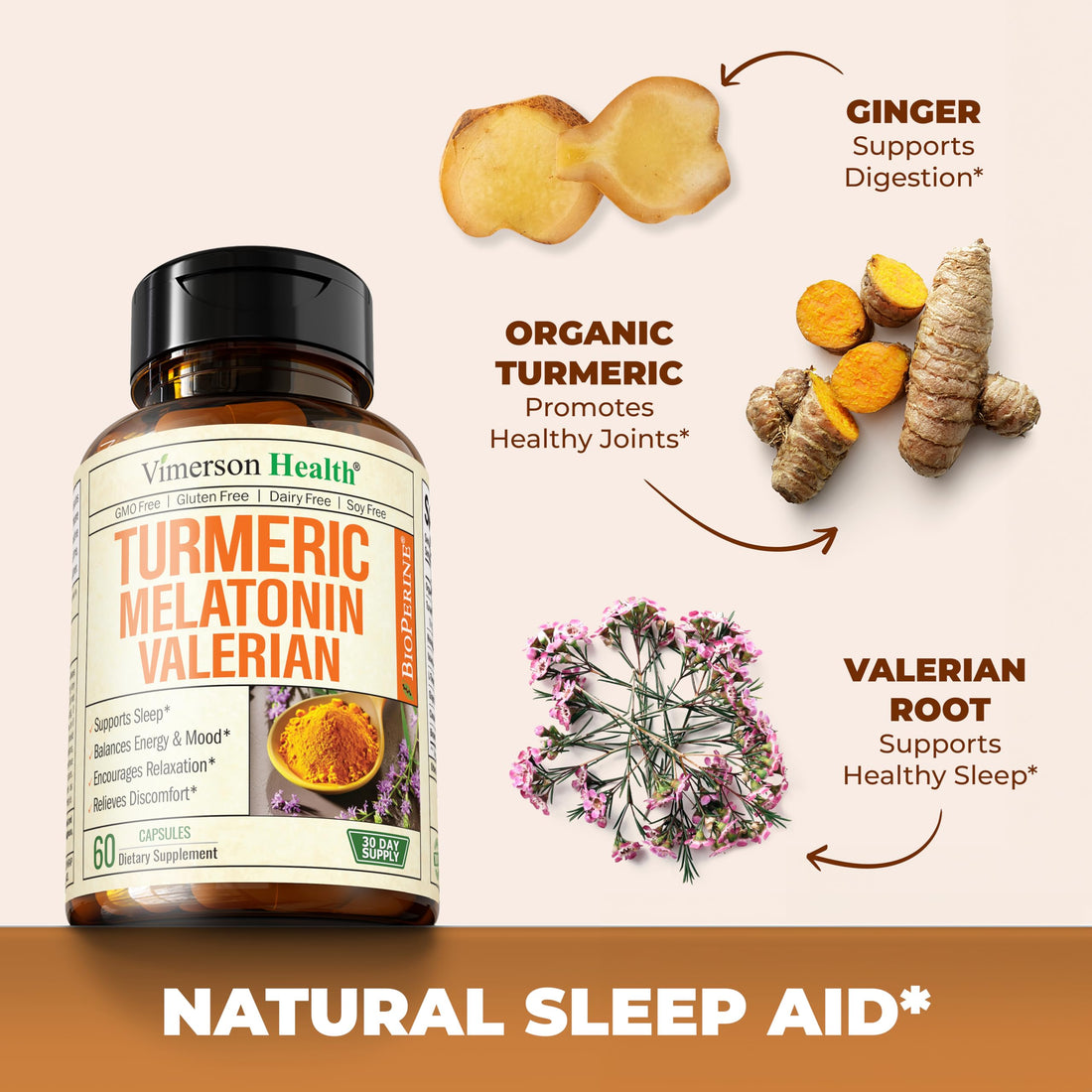 Turmeric Supplement - Turmeric Curcumin with Black Pepper, Melatonin 3mg & Valerian. Natural Sleep Aid for Adults with L-Theanine, Ginger, Valerian Root Capsules. Aids Relaxation and Mood. 60 Capsules