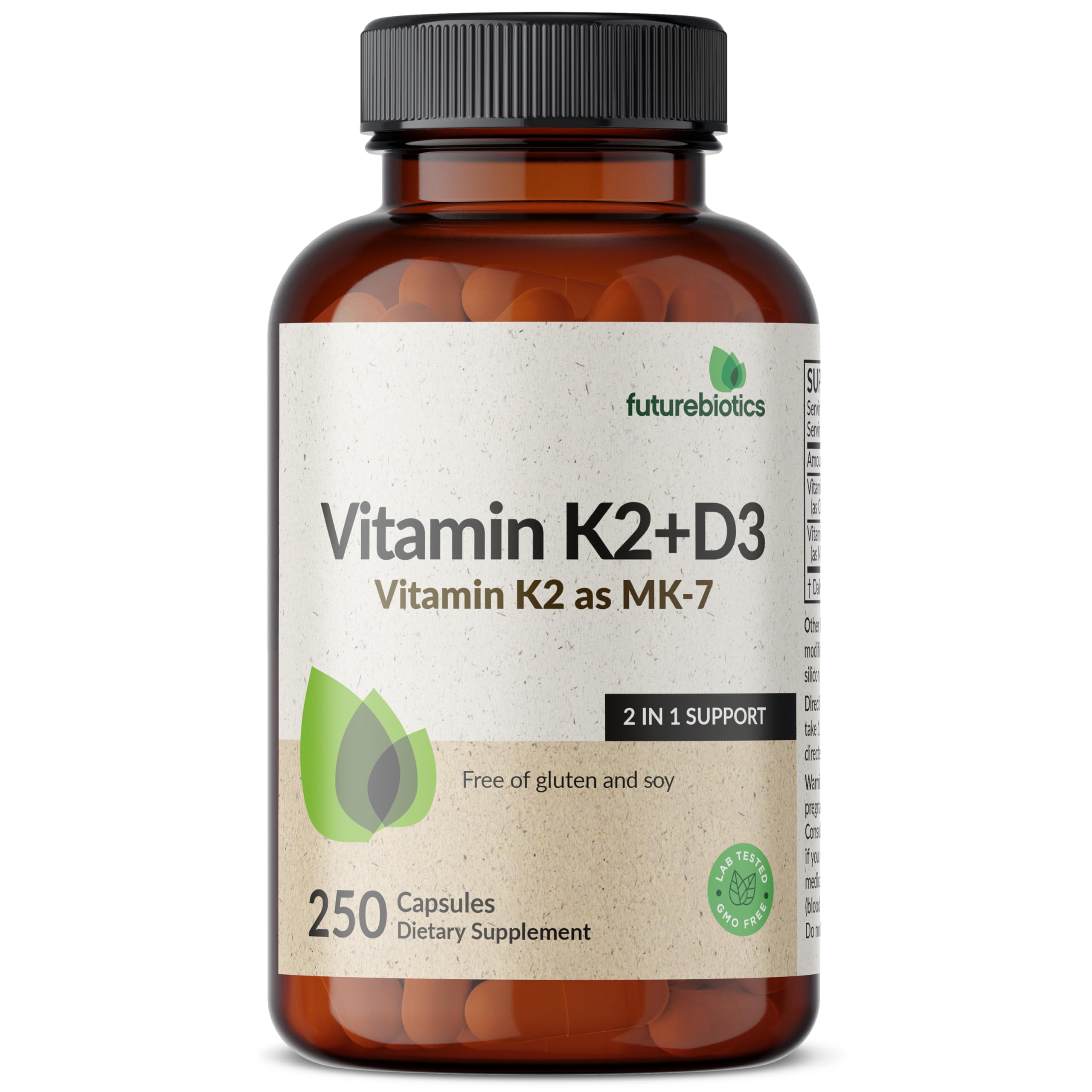 Futurebiotics Vitamin K2 (MK7) with D3 Supplement - Non-GMO Formula - 5000 IU Vitamin D3 & 90 mcg Vitamin K2 MK-7, 250 Vegetarian Capsules