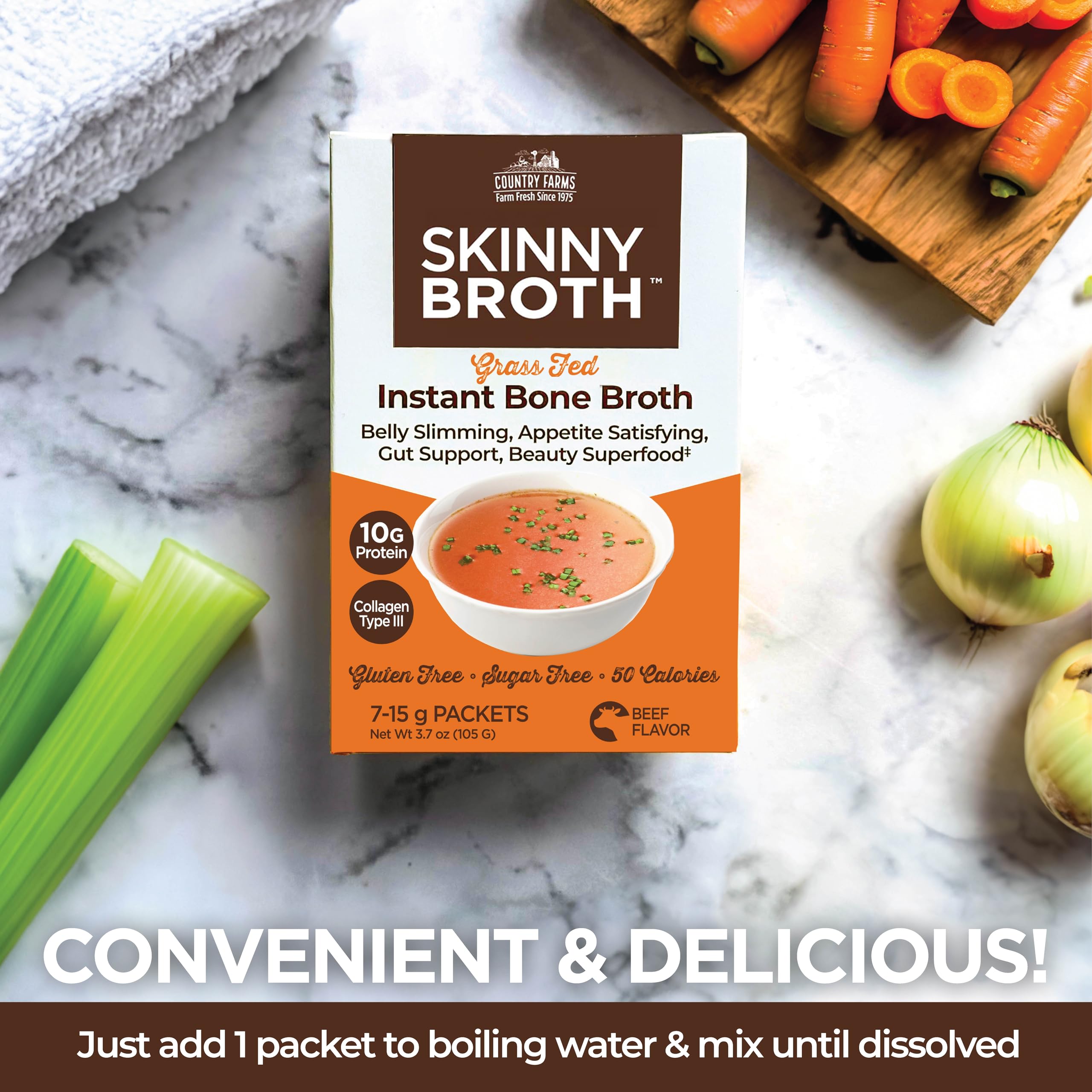 COUNTRY FARMS Skinny Broth, Instant Beef Bone Broth, 10G Protein, Collagen Type III, Promotes Better Digestion, Bone and Joint Health, 7 Day Plan, 7-15g Packets