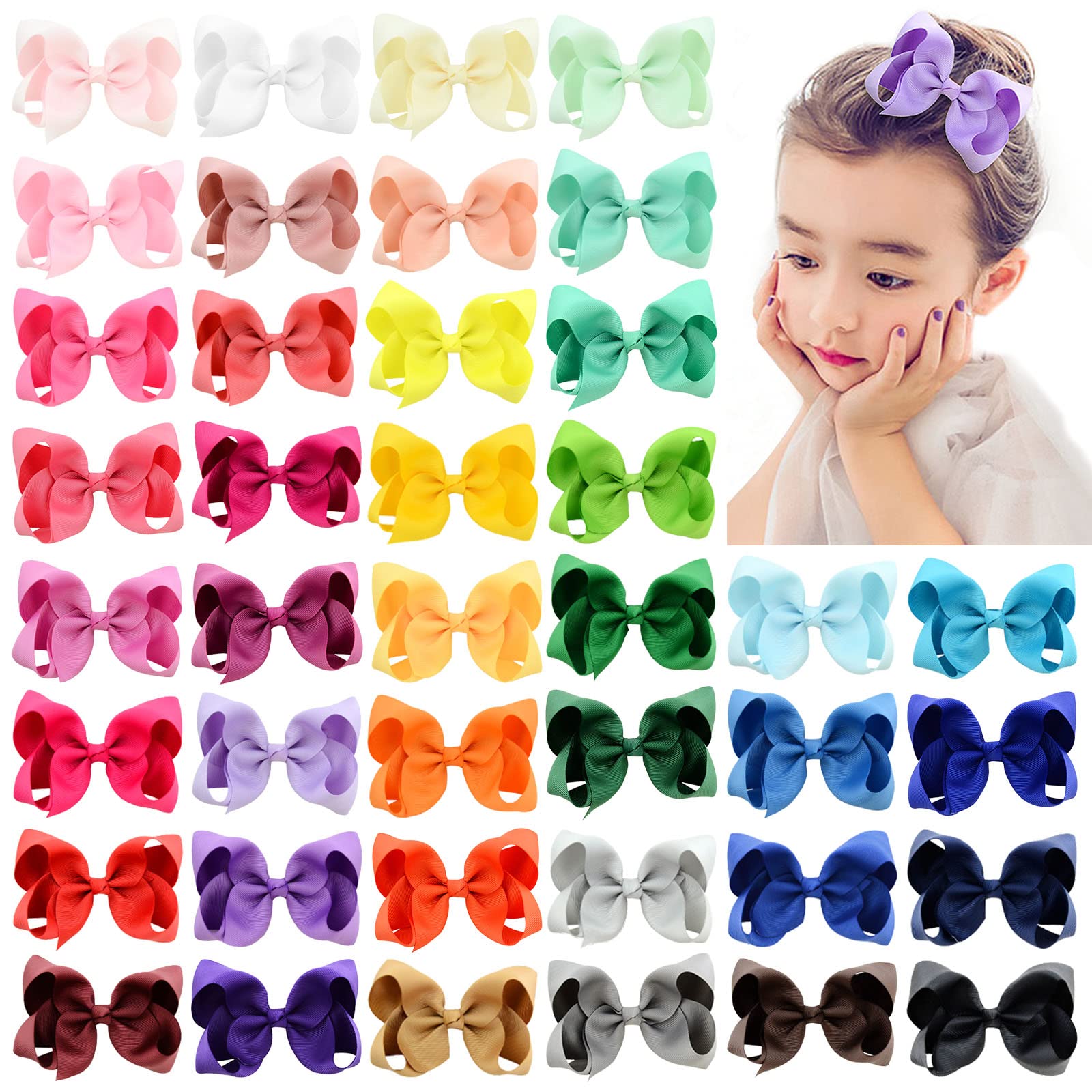 40PCS 4.5 Inch Hair Bows for Girls Grosgrain Ribbon Toddler Hair Accessories with Alligator Clips for Toddlers Baby Girls Kids
