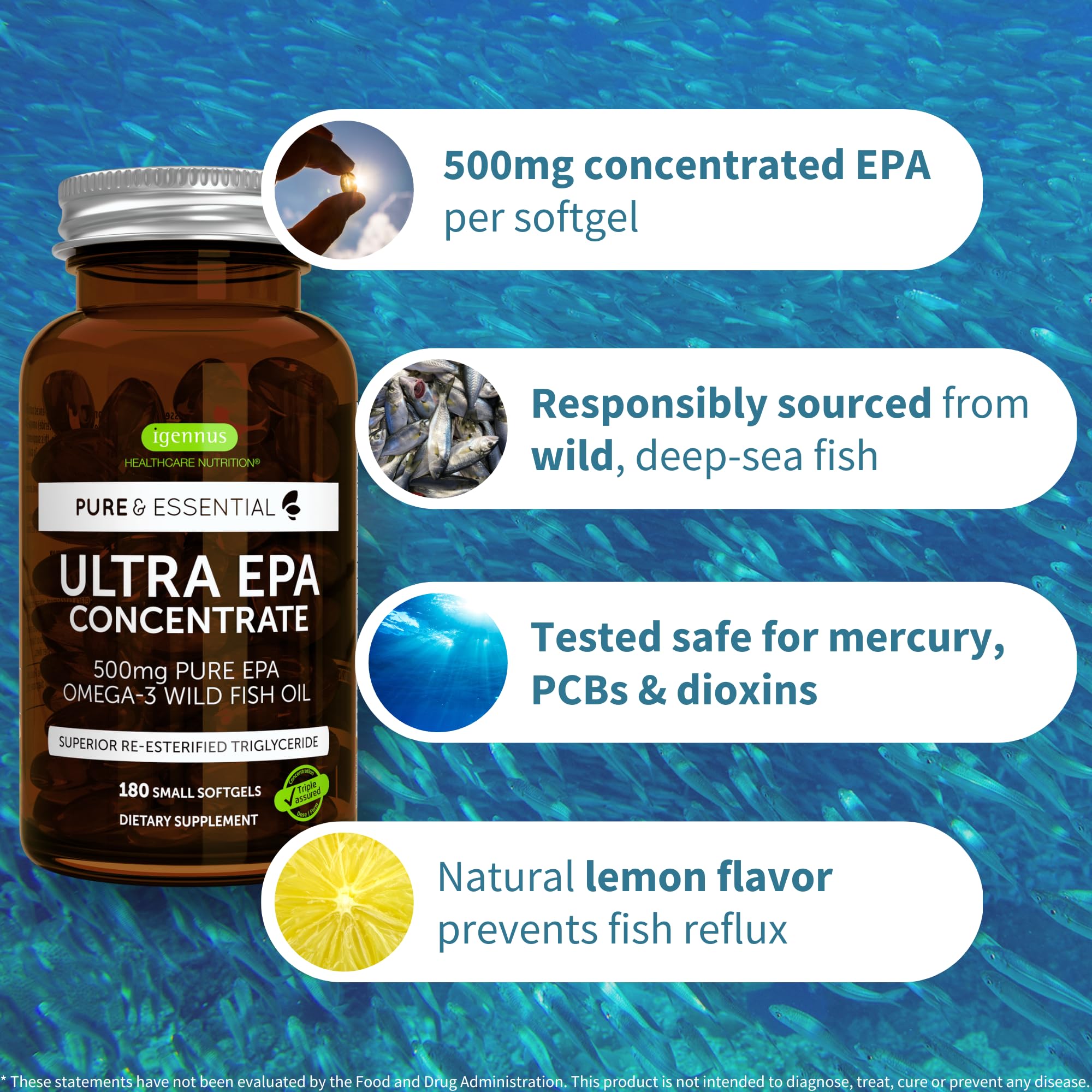 Igennus Ultra Pure Omega-3 EPA 500mg, Highly Concentrated Wild Caught Fish Oil, Advanced rTG Triglyceride Form, Non-GMO, 180 Small Softgels