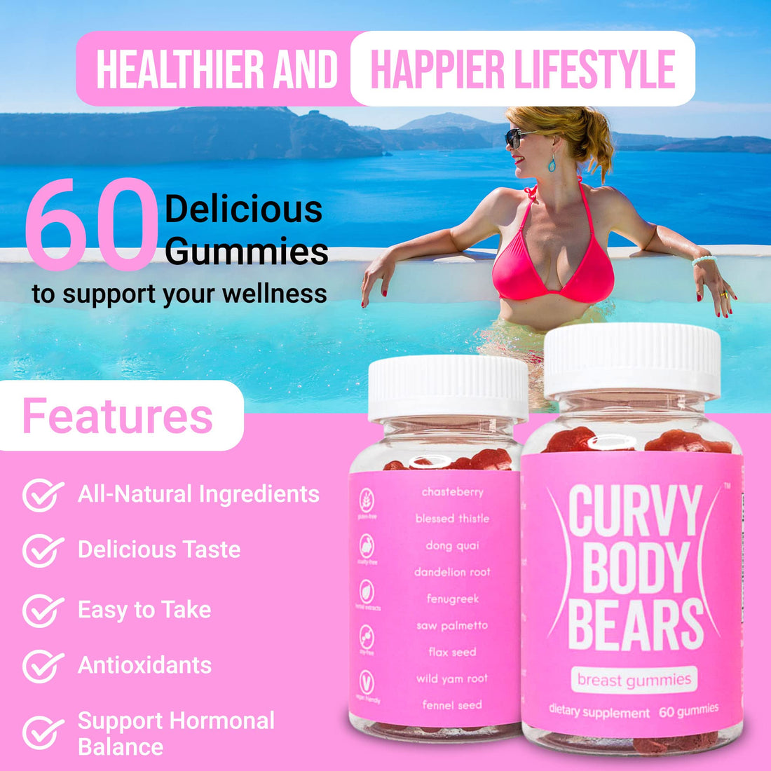 Curvy Body Bears Chest Gummies for Women | Workout Support Fitness Supplement | with Essential Herbs, Vitamins, Multivitamins, Fenugreek, and Ginseng Berry Flavored | (60 Count)